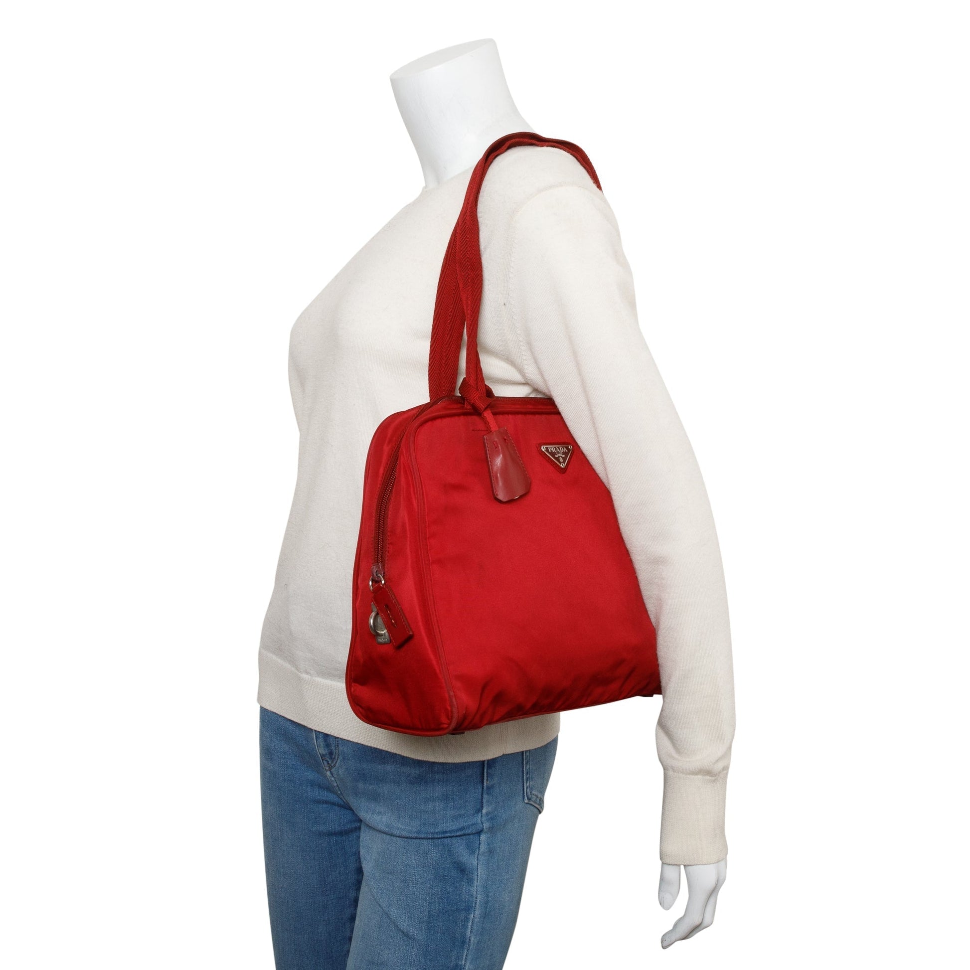 Prada Red Leather-Trimmed Tessuto Nylon Shoulder Bag