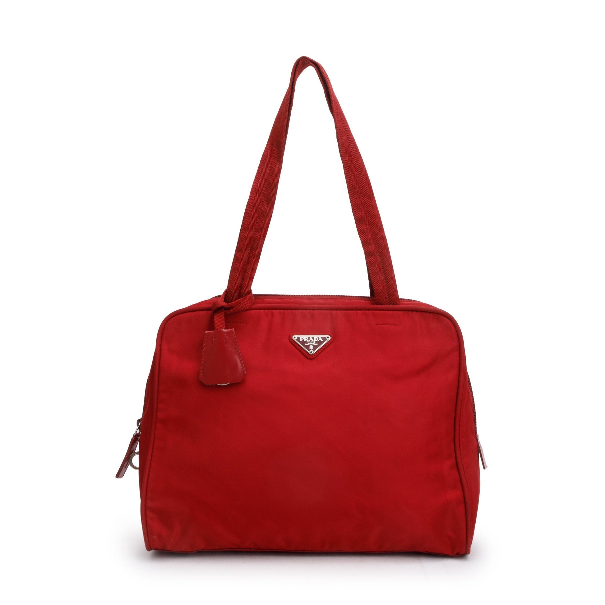 Prada Red Leather-Trimmed Tessuto Nylon Shoulder Bag