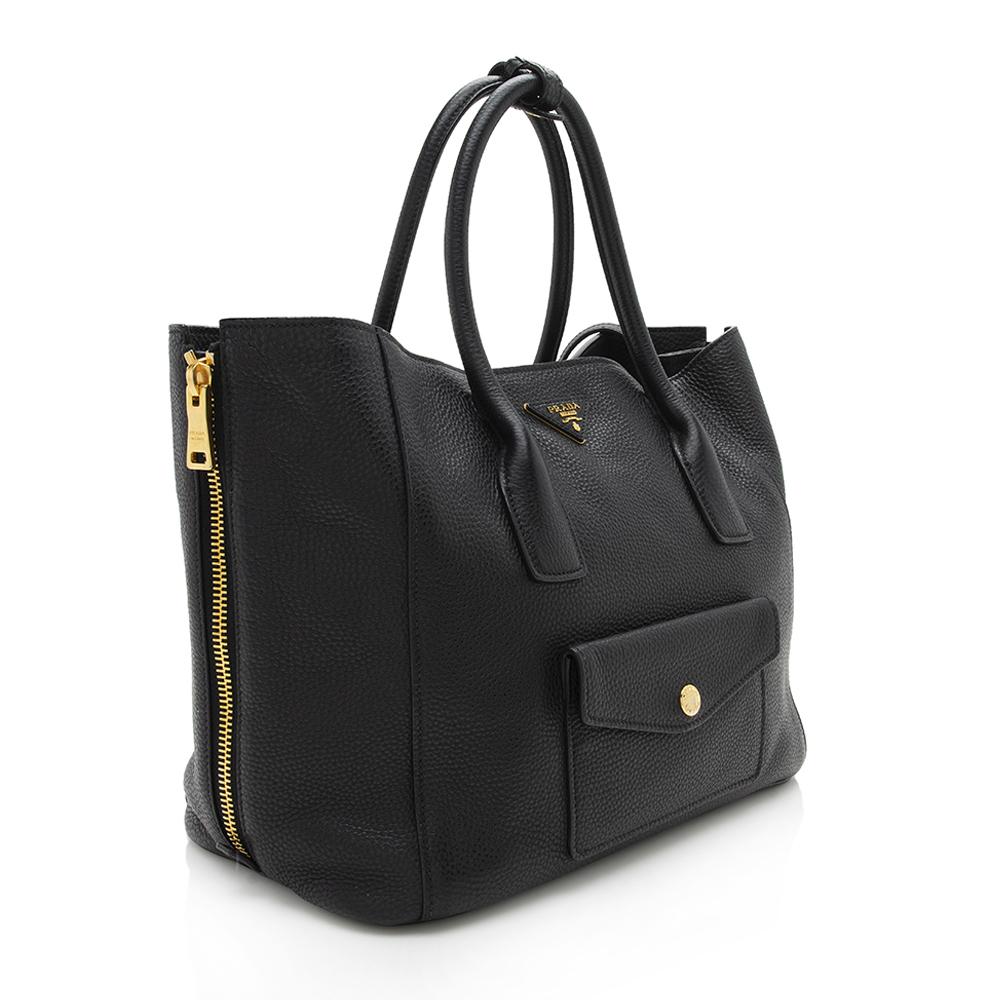 Prada Vitello Daino Leather Side Zip Twin Pocket Tote  