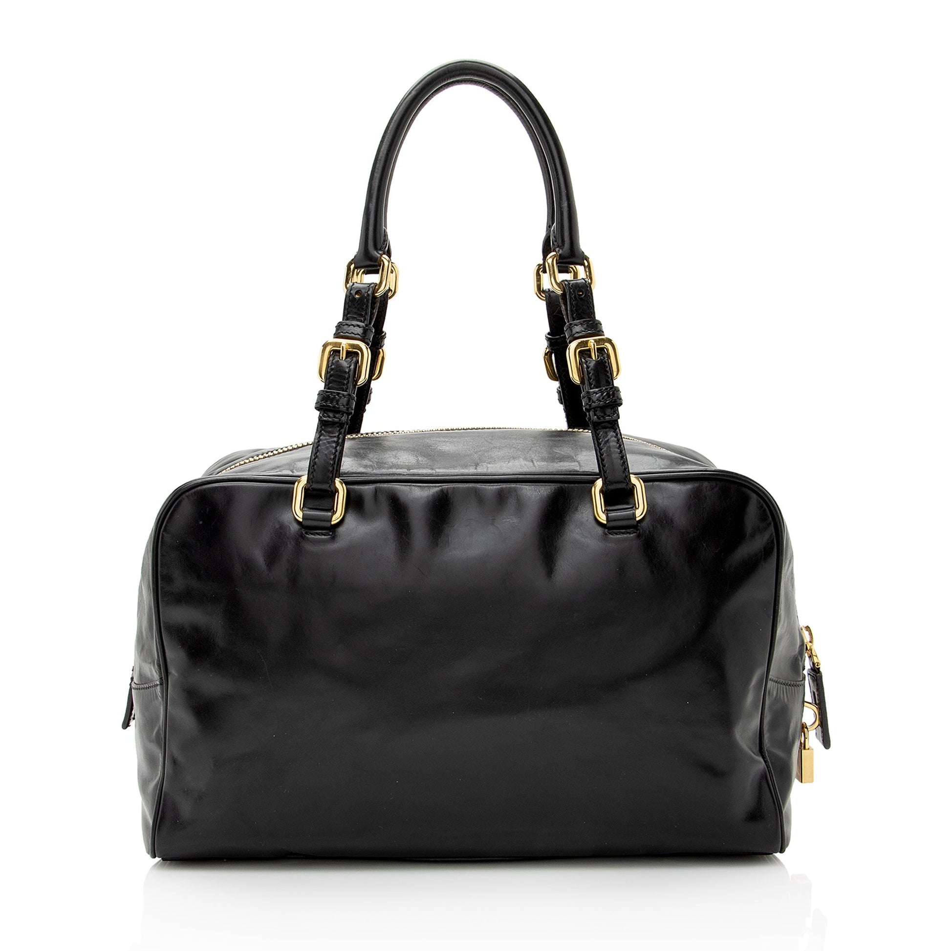 Prada Vitello Daino Spazzolato Logo Medium Bauletto Satchel (SHF-22727)