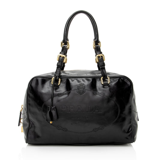 Prada Vitello Daino Spazzolato Logo Medium Bauletto Satchel (SHF-22727)
