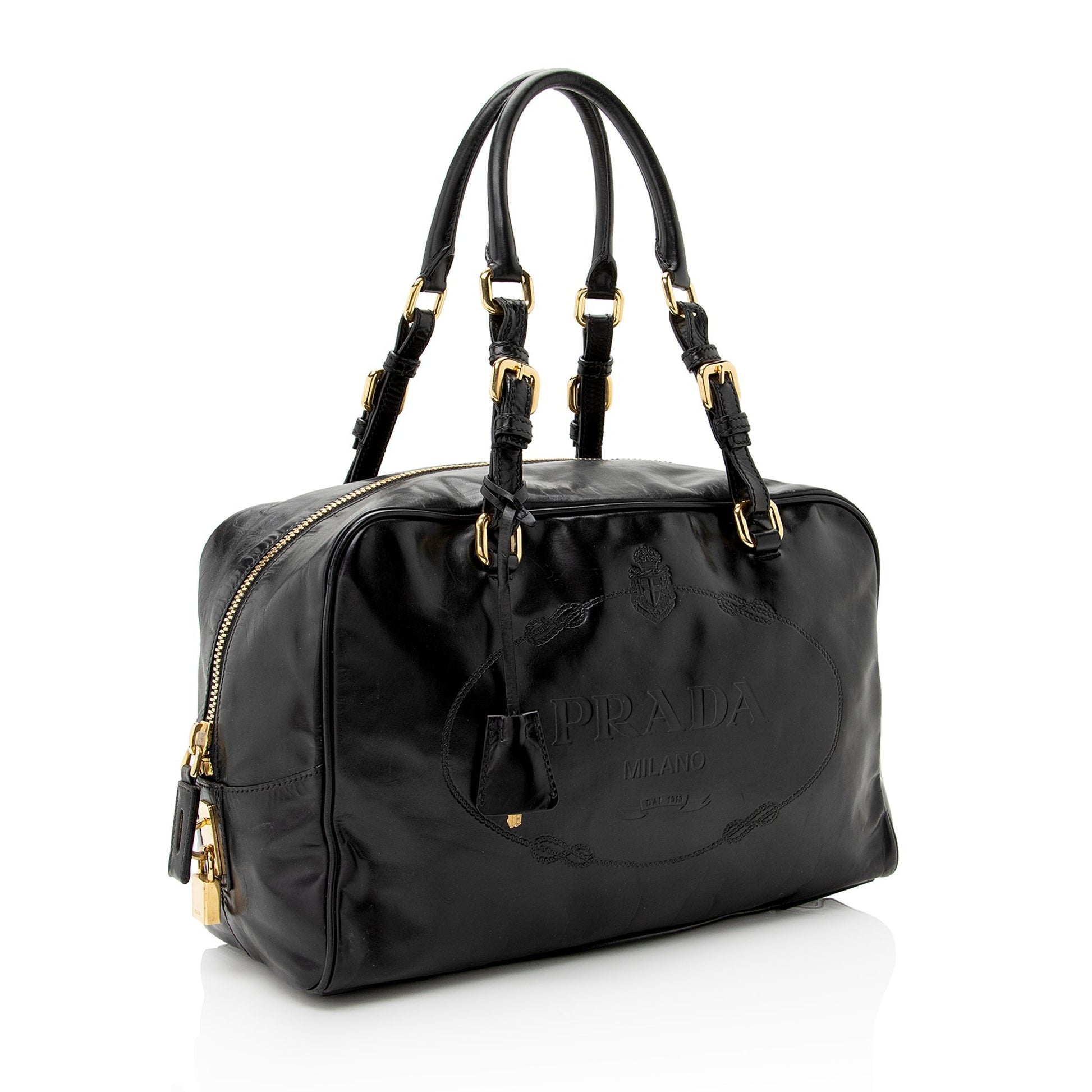 Prada Vitello Daino Spazzolato Logo Medium Bauletto Satchel (SHF-22727)