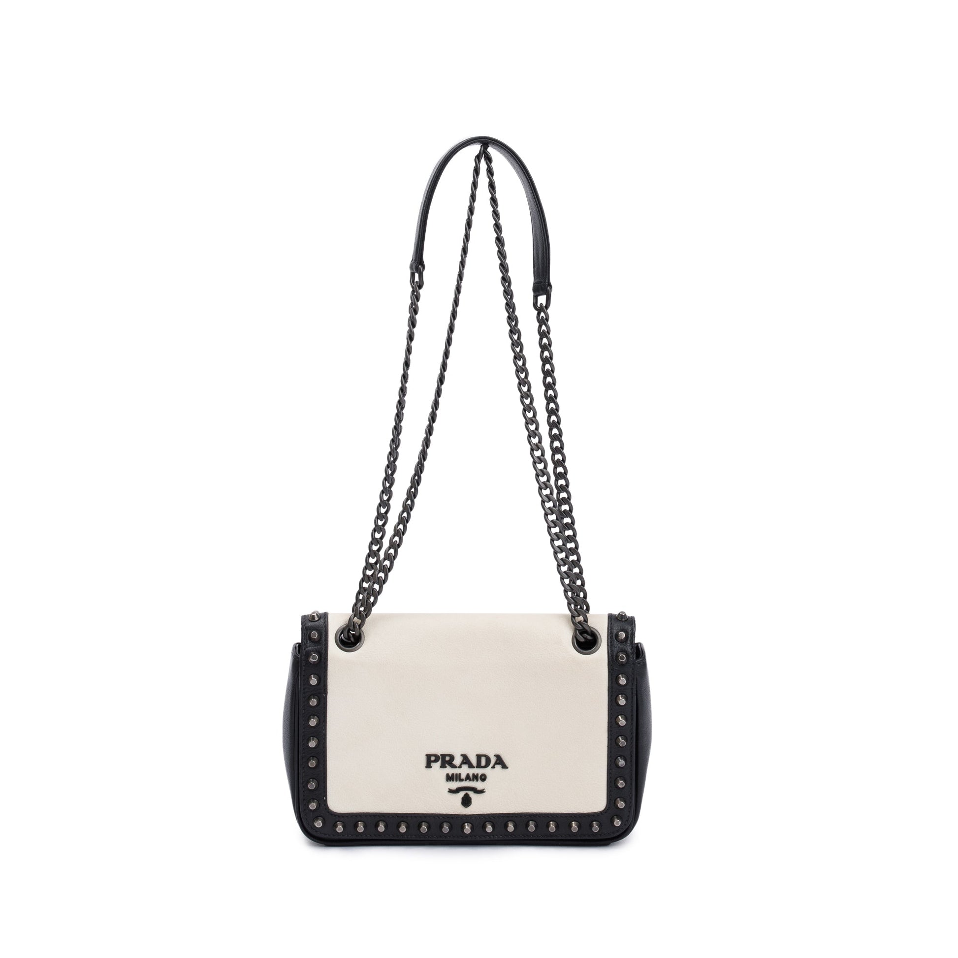 Prada White Leather Glace Studded Crossbody Bag