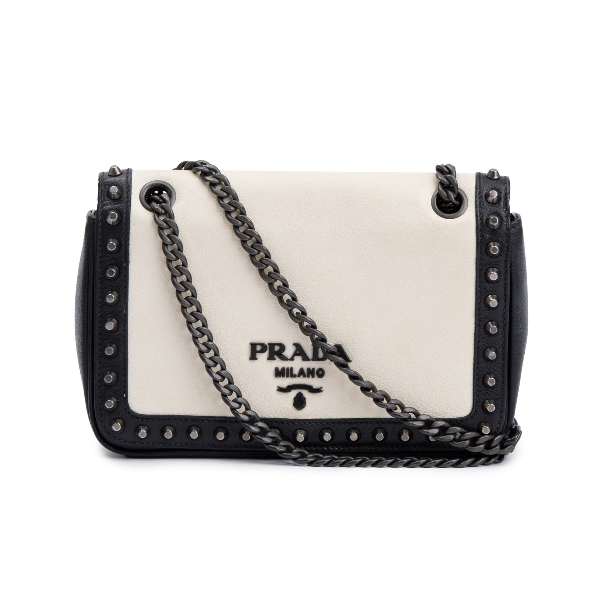 Prada White Leather Glace Studded Crossbody Bag