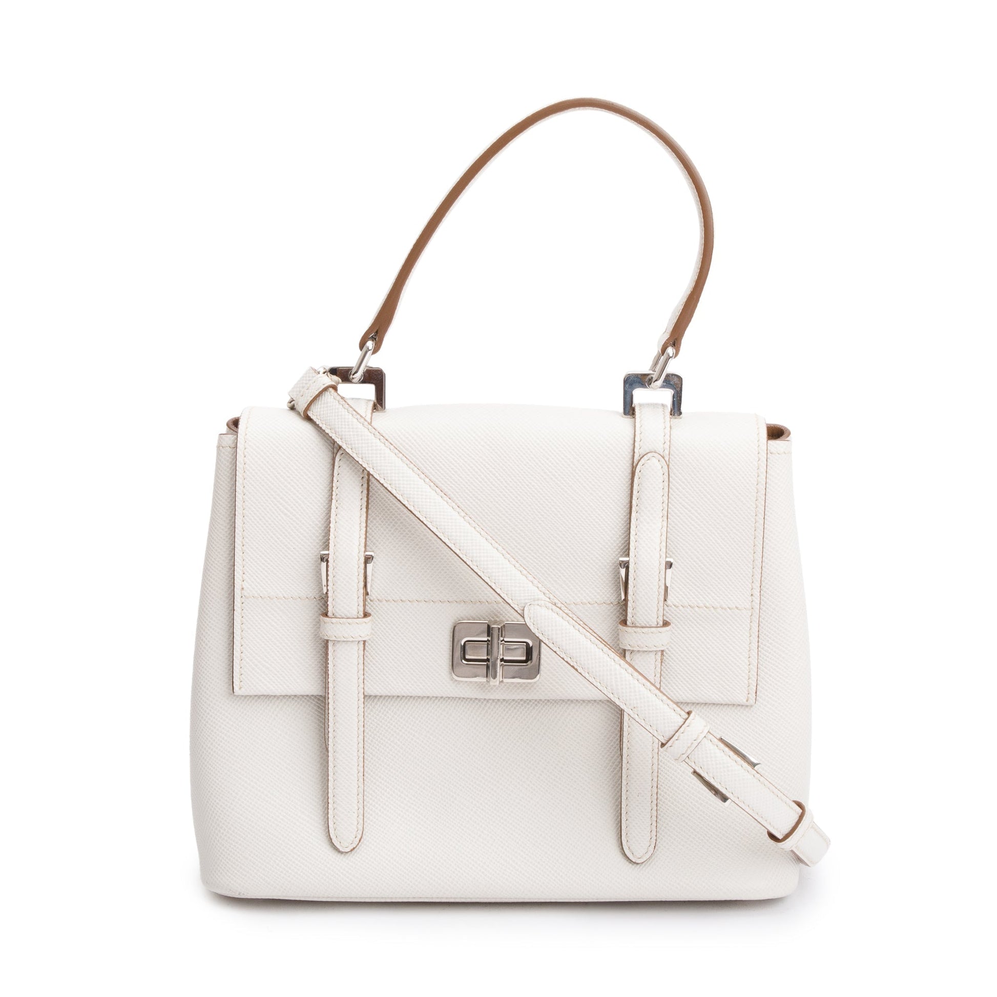 Prada White Saffiano Cuir Top Handle Bag