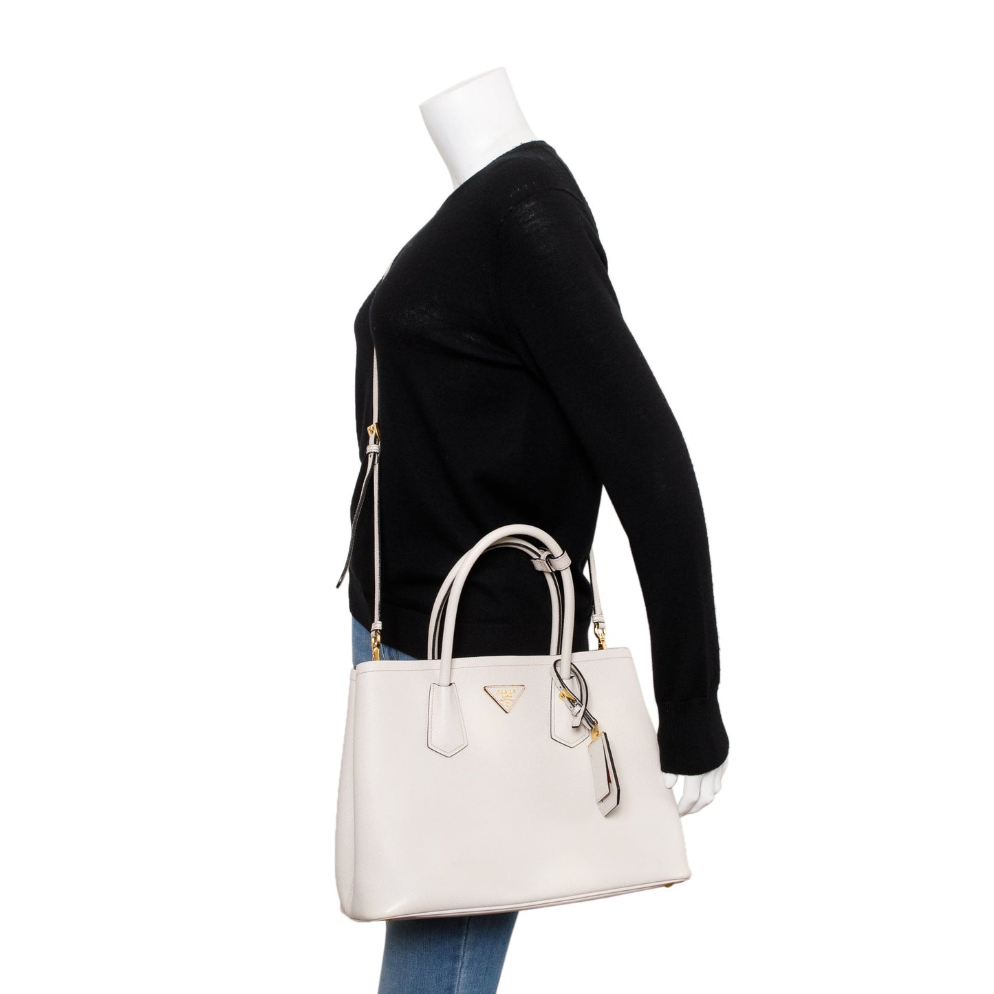Prada White Saffiano Lux Medium Cuir Double Tote