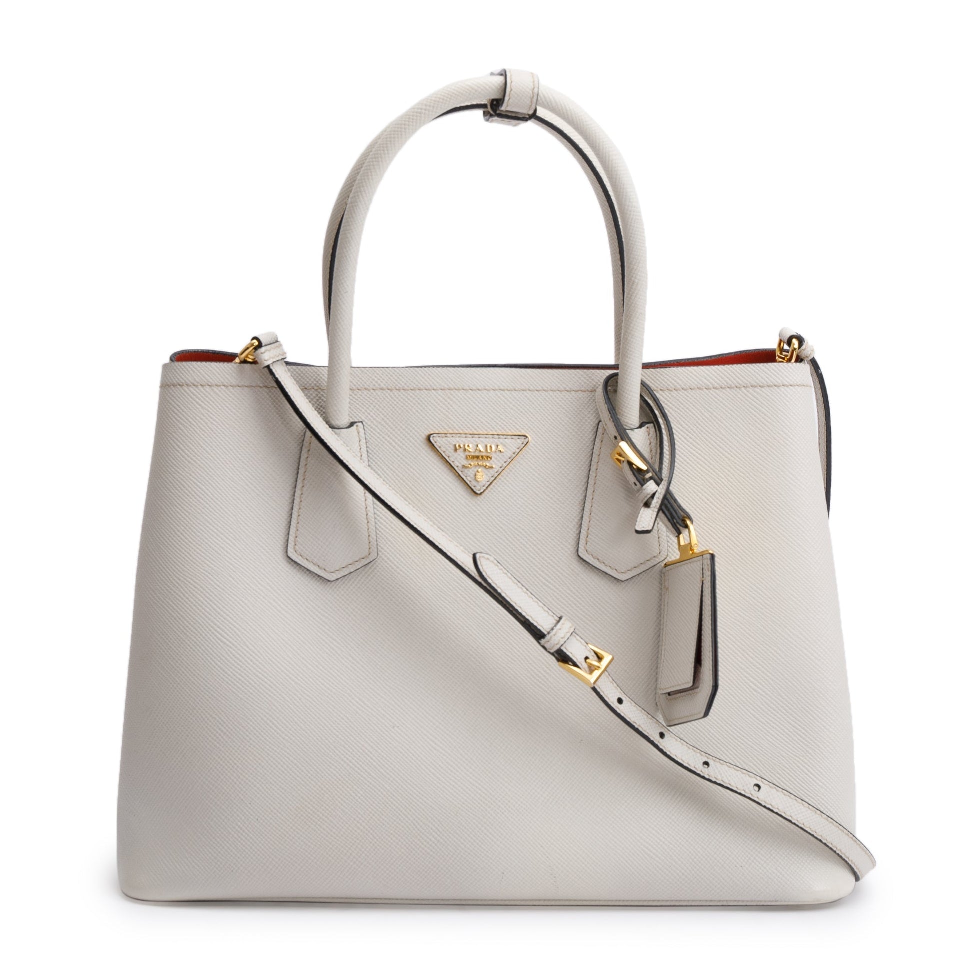 Prada White Saffiano Lux Medium Cuir Double Tote