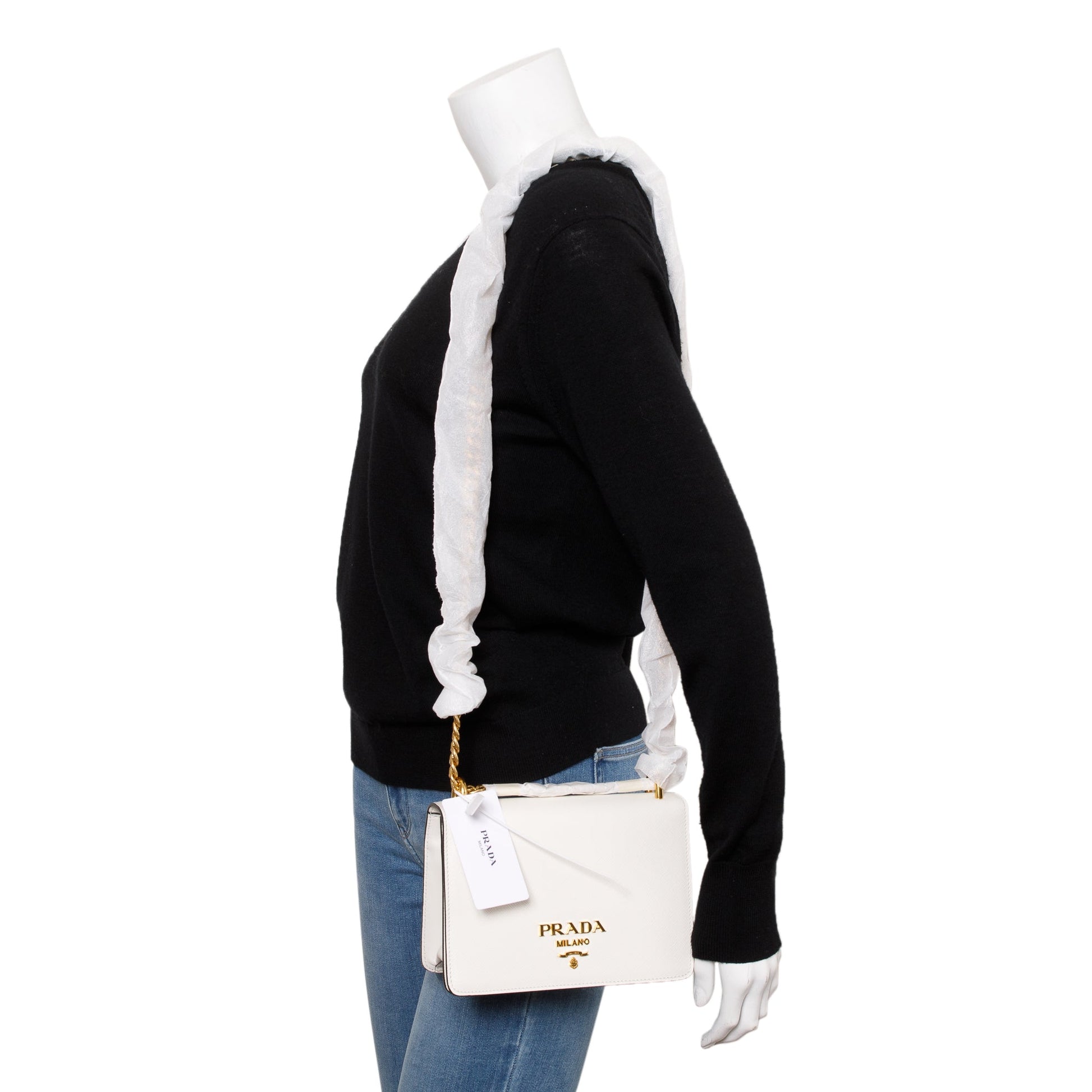 Prada White Saffiano Soft Calf Leather Chain Crossbody Bag