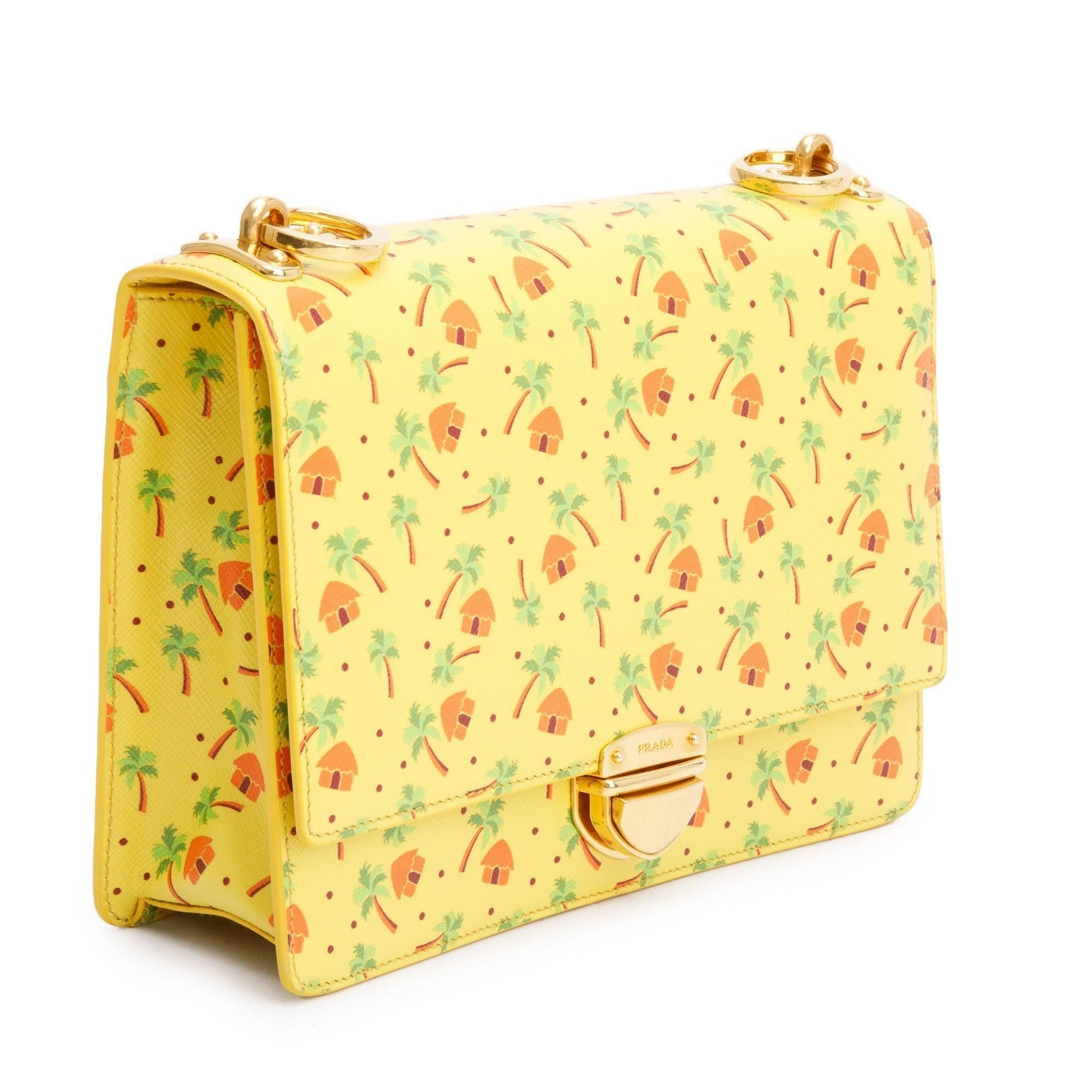 Prada Yellow Saffiano Stampata Palm Tree Print Crossbody Bag
