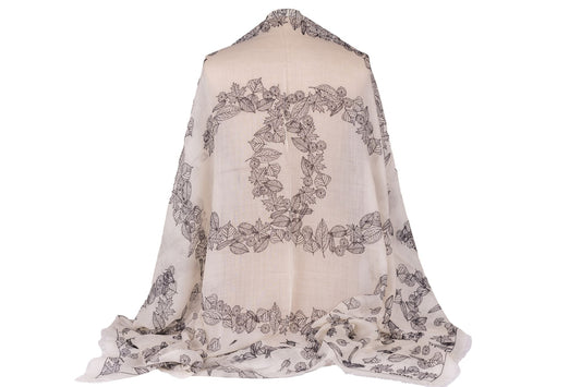 Chanel New Cashmere Shawl White Leaves