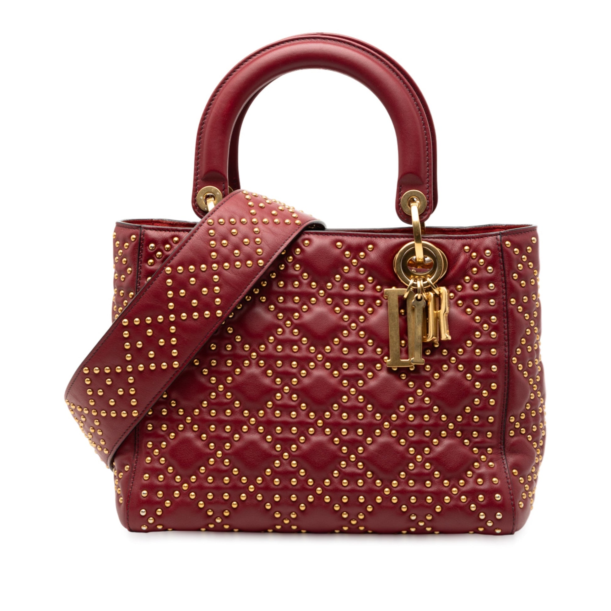 Red Dior Medium Lambskin Cannage Studded Supple Lady Dior Satchel