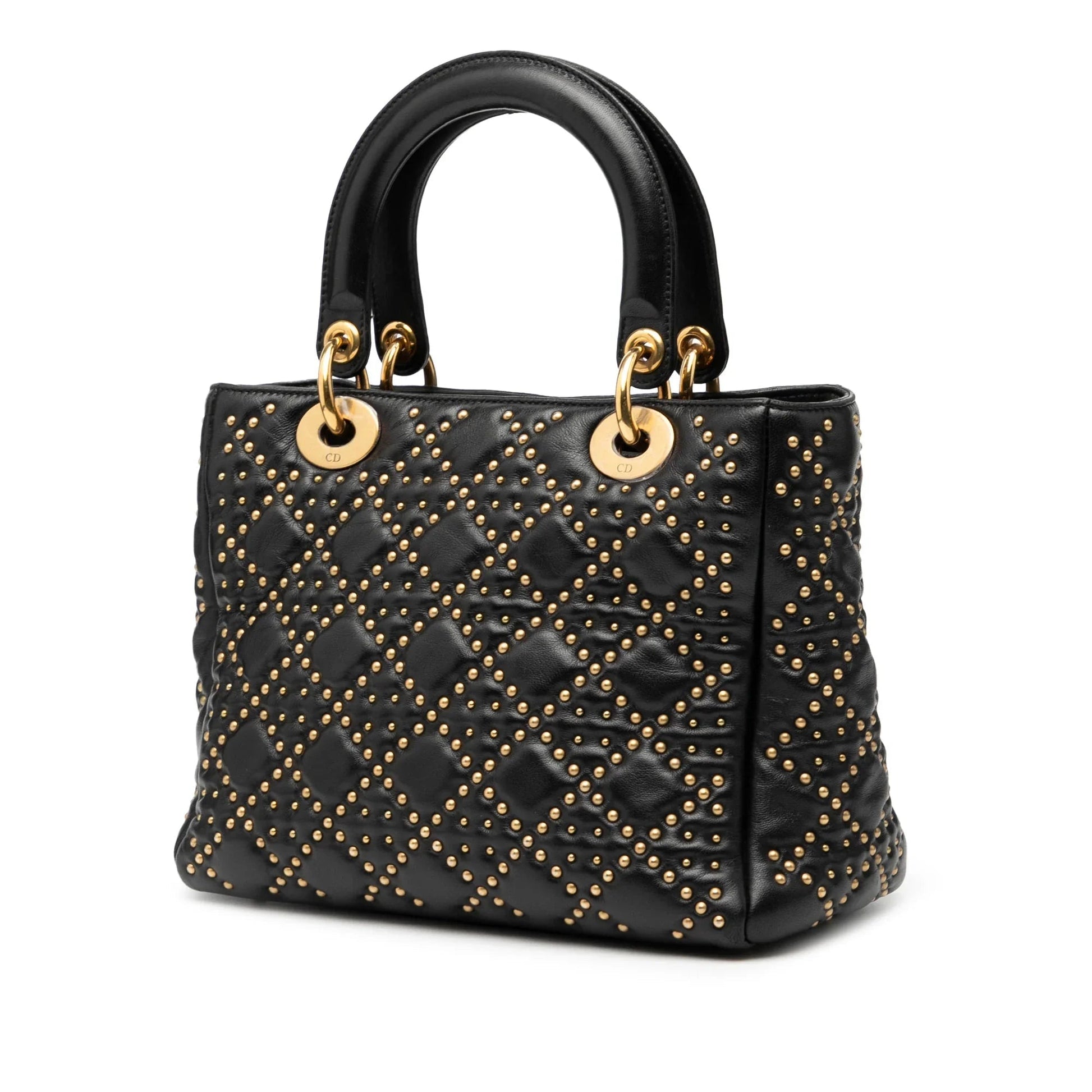 Black Dior Medium Lambskin Cannage Studded Supple Lady Dior Satchel