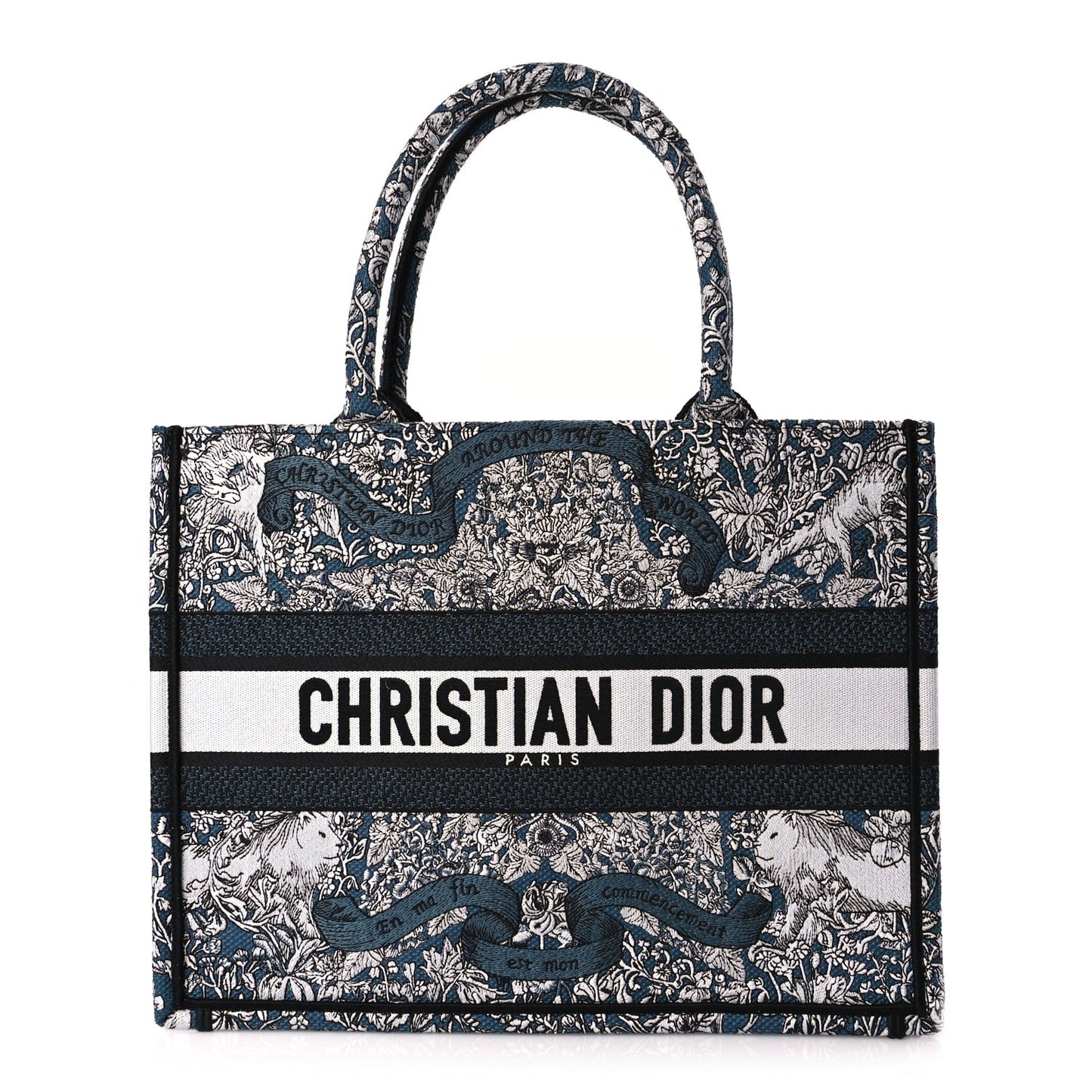 Christian Dior Canvas Embroidered Medium Around The World Book Tote Blue