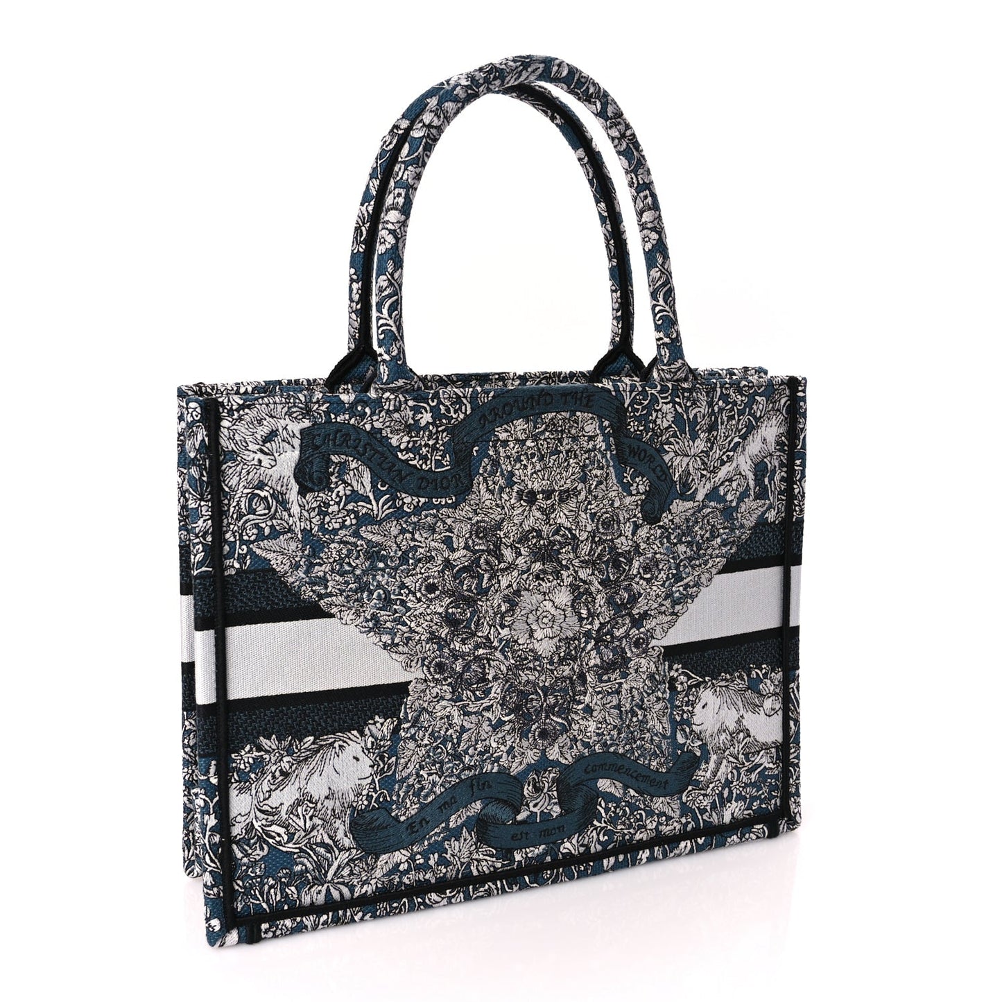 Christian Dior Canvas Embroidered Medium Around The World Book Tote Blue