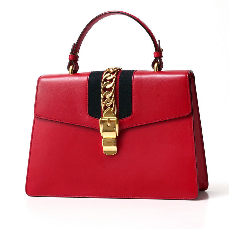 GUCCI Handbag 431665 Genuine Leather Red/Metal: Gold/Web ribbon: Navy x Red Sherry line SYLVIE Women