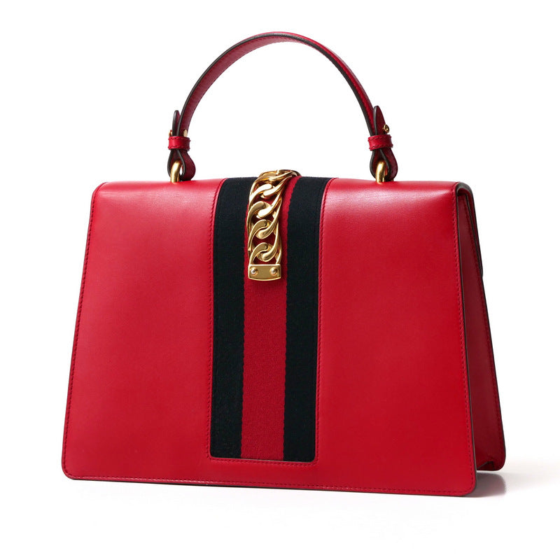 GUCCI Handbag 431665 Genuine Leather Red/Metal: Gold/Web ribbon: Navy x Red Sherry line SYLVIE Women