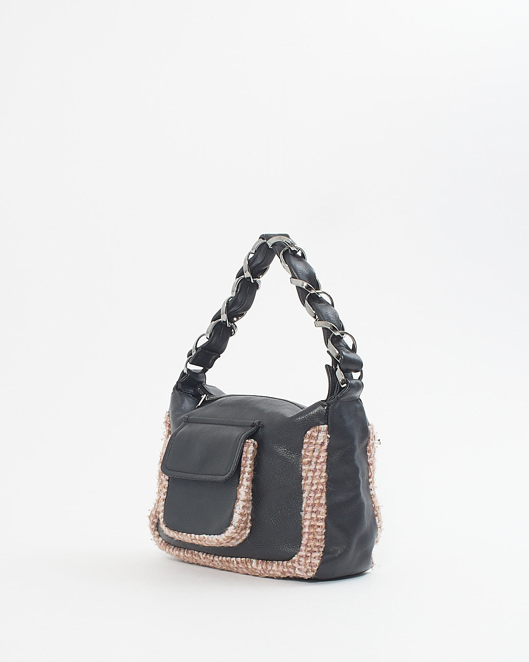 Chanel Black Leather Tweed Trim Wide Chain Shoulder Bag