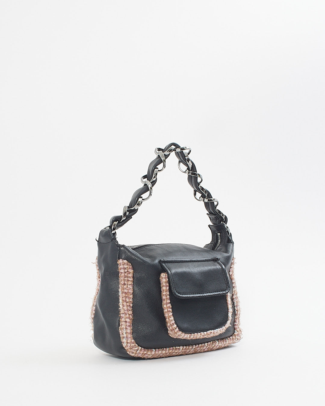 Chanel Black Leather Tweed Trim Wide Chain Shoulder Bag
