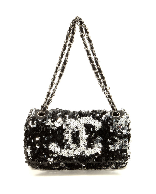 Chanel Black Silver Sequin Flap CC Logo Shoulder Bag