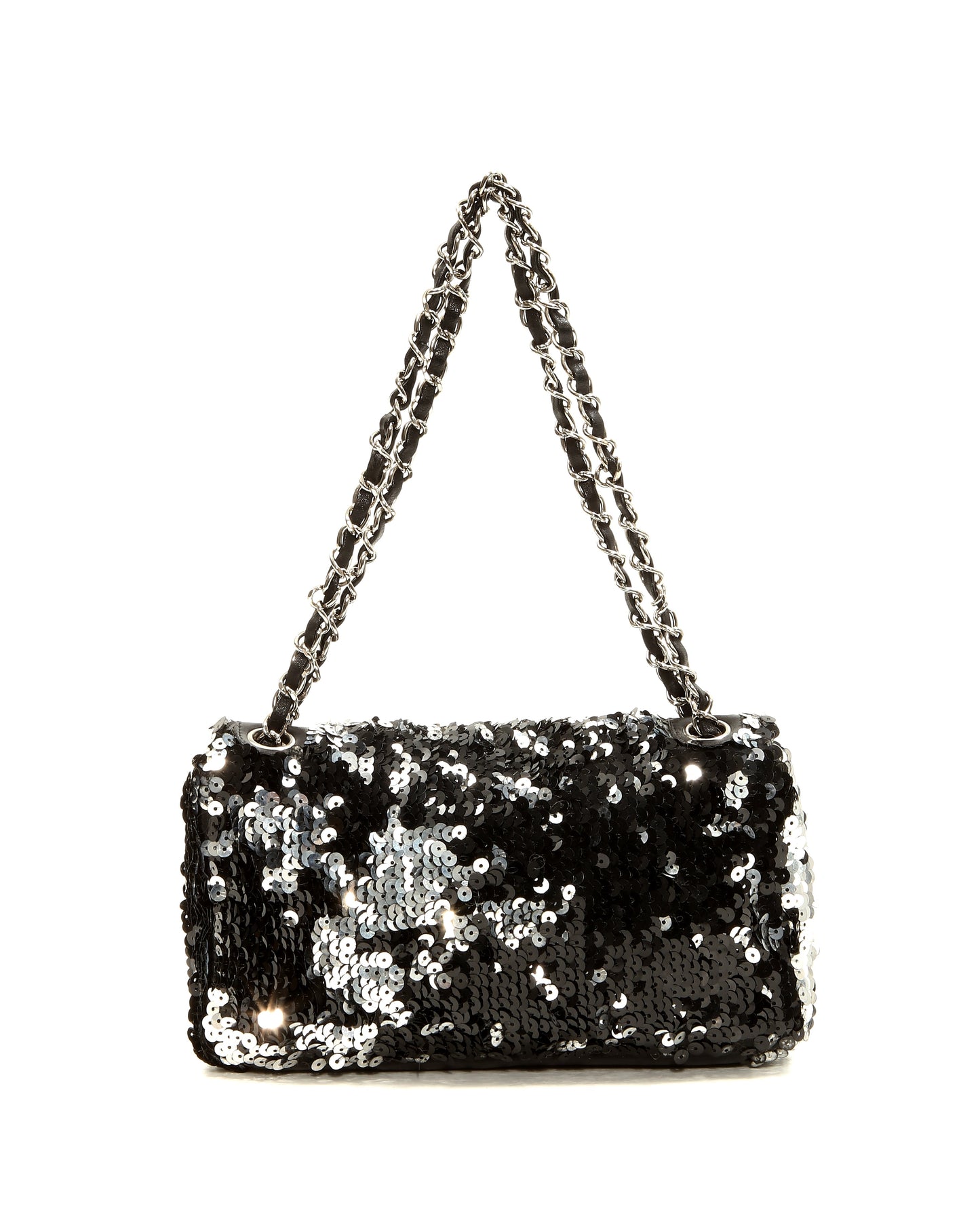 Chanel Black Silver Sequin Flap CC Logo Shoulder Bag