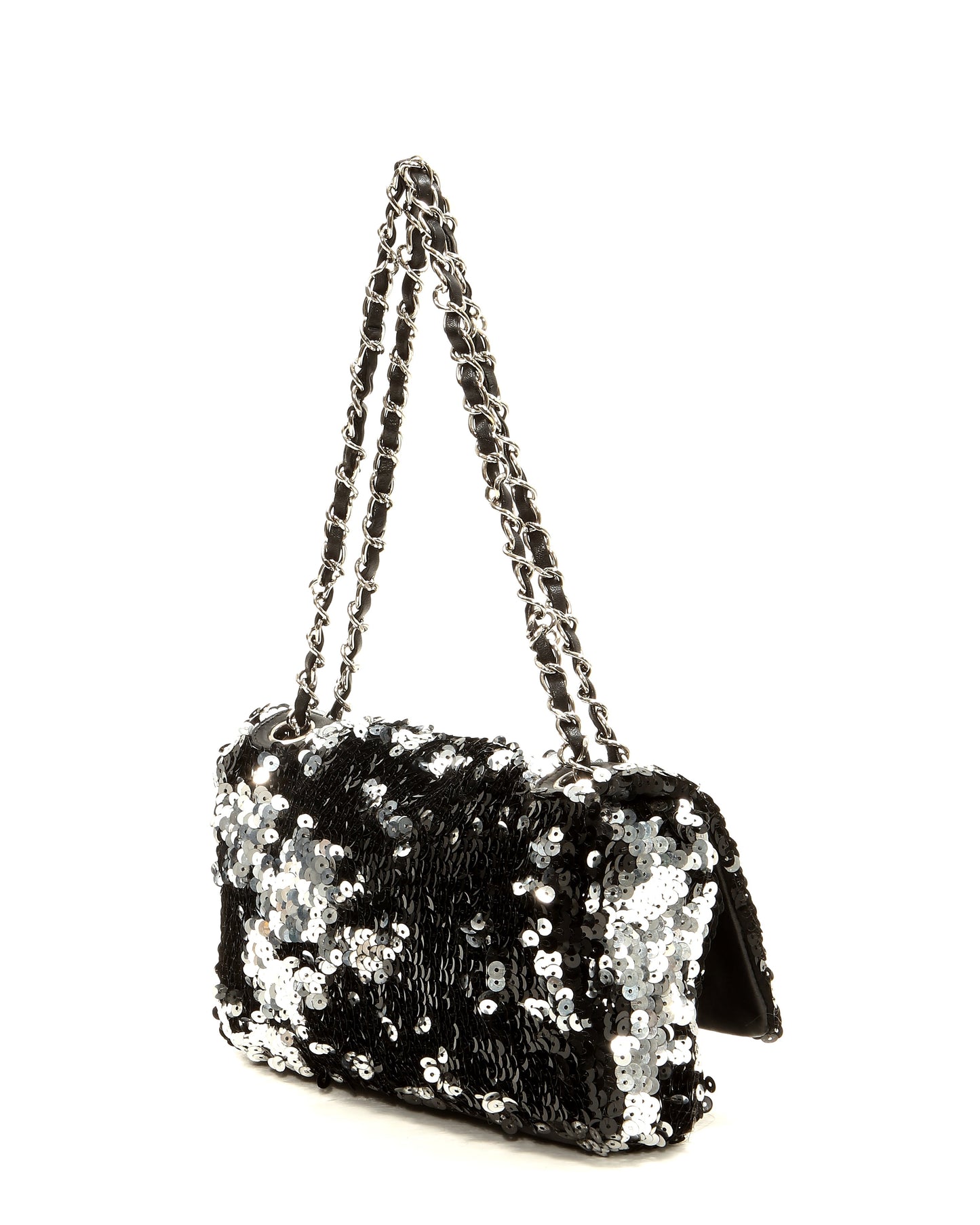 Chanel Black Silver Sequin Flap CC Logo Shoulder Bag