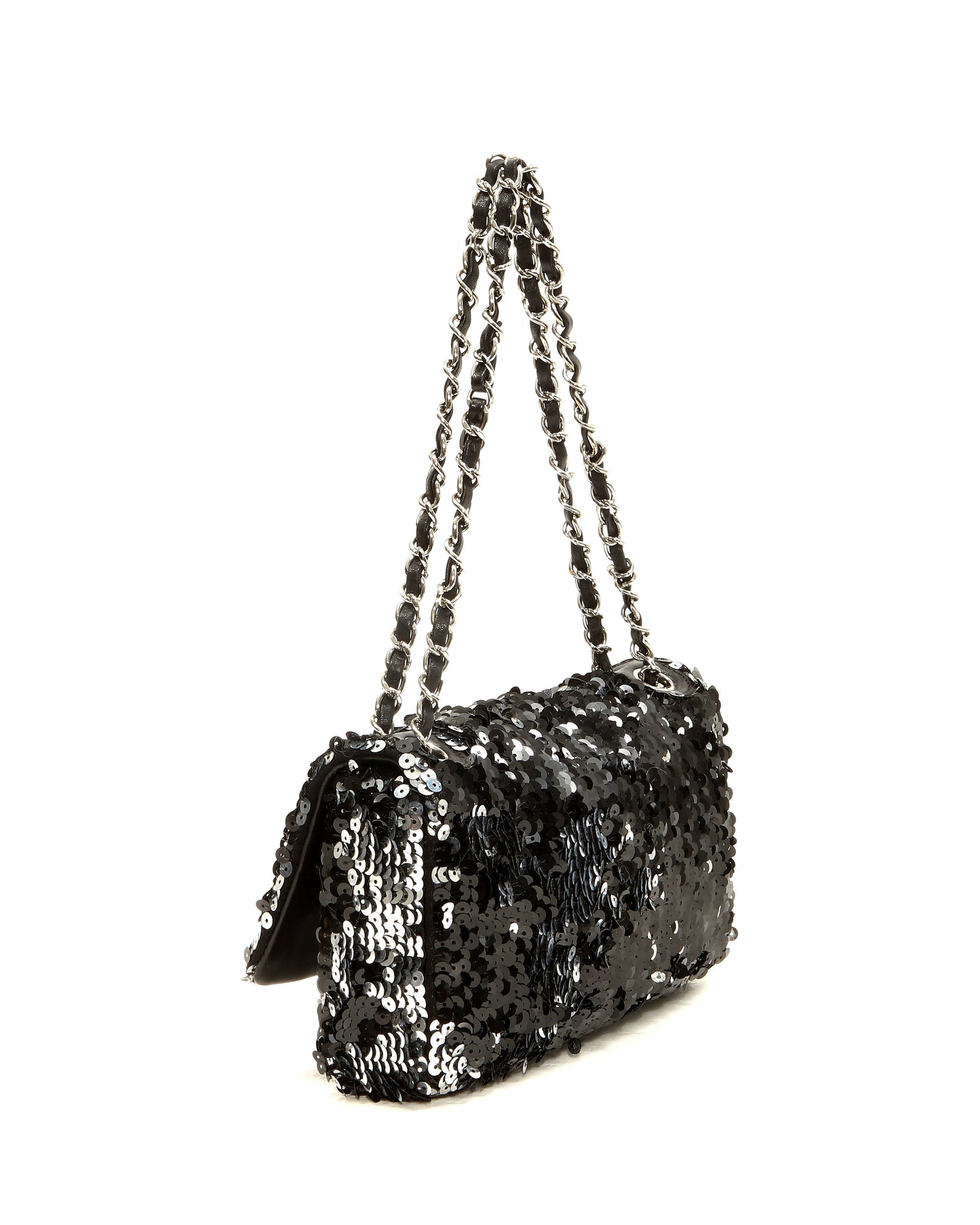 Chanel Black Silver Sequin Flap CC Logo Shoulder Bag