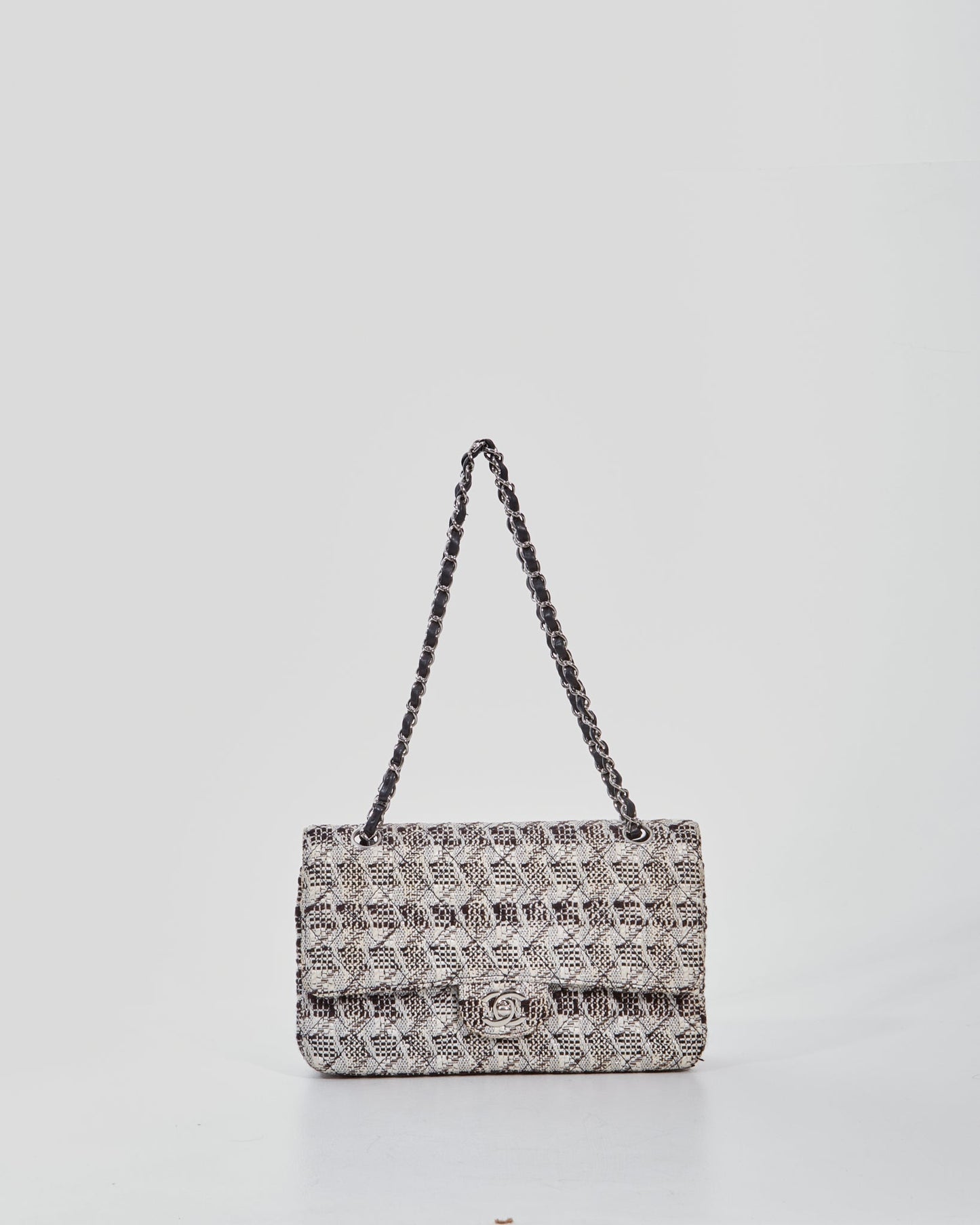Chanel Black White Tweed Fabric Classic Double Flap Bag