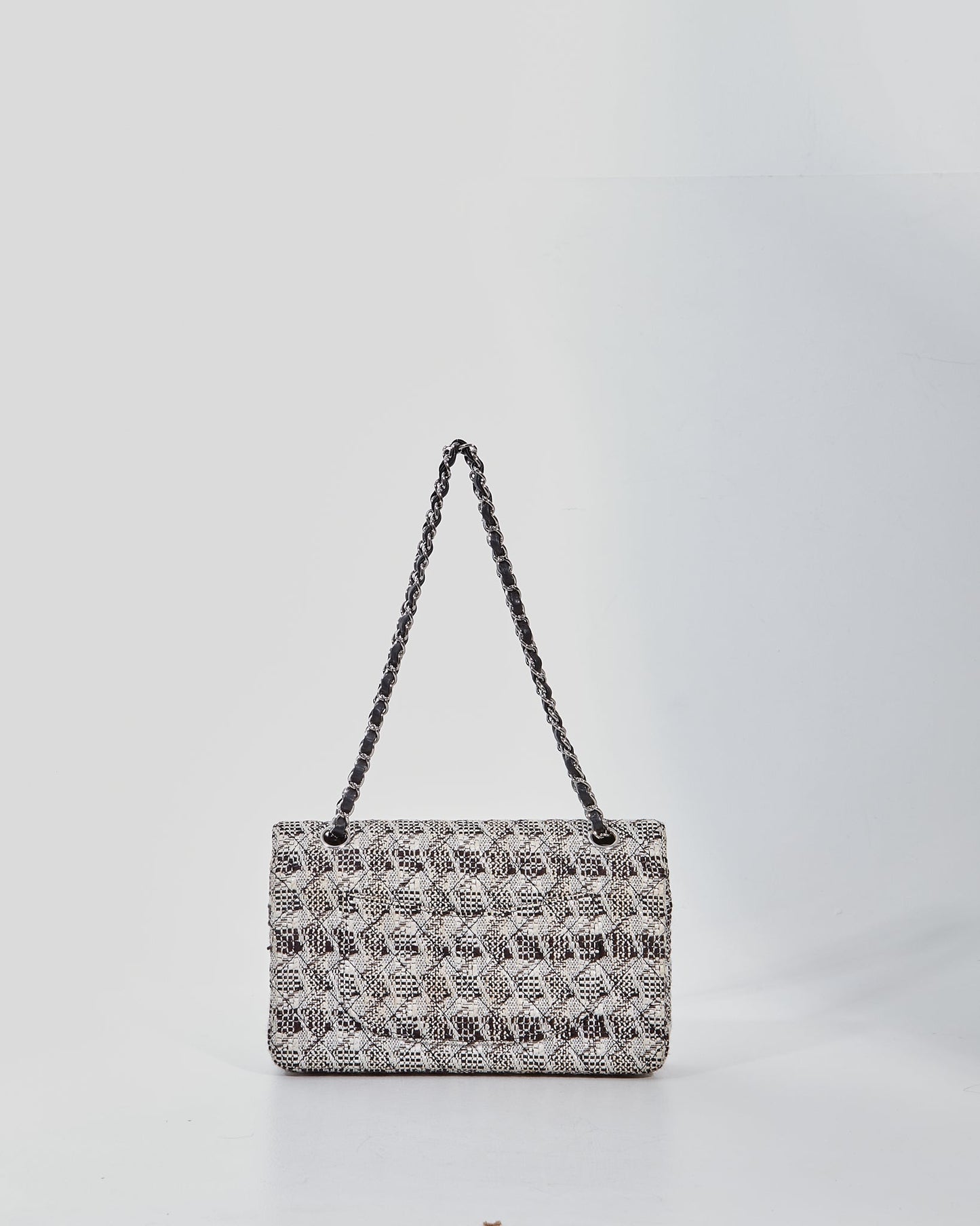Chanel Black White Tweed Fabric Classic Double Flap Bag