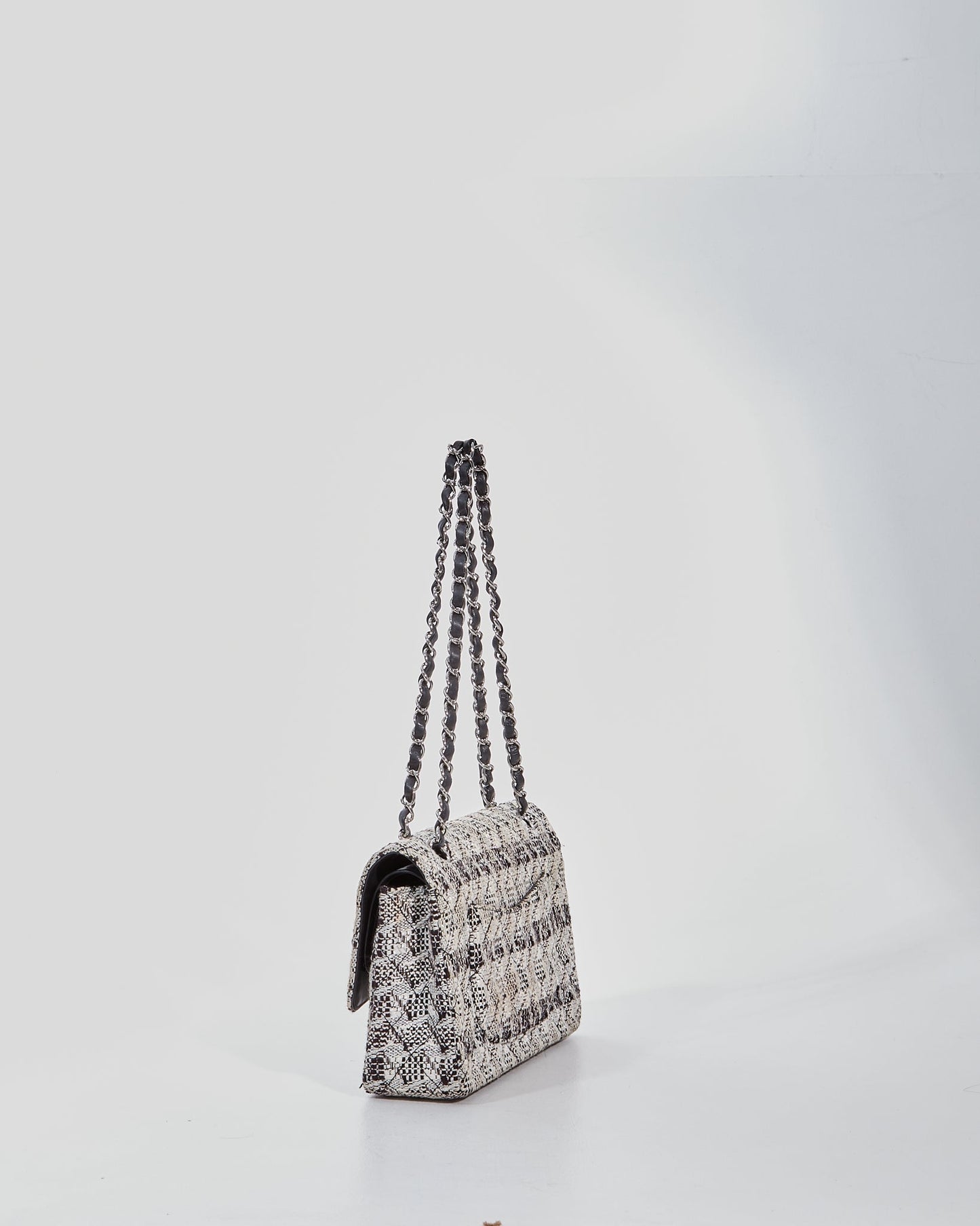 Chanel Black White Tweed Fabric Classic Double Flap Bag