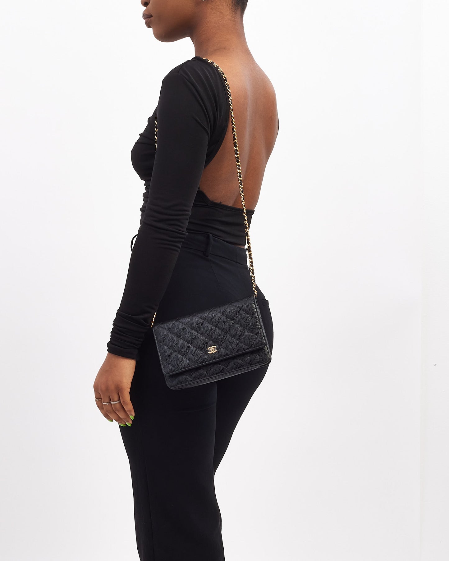 Chanel Black Caviar Leather with Gold Hardware Wallet on Chain