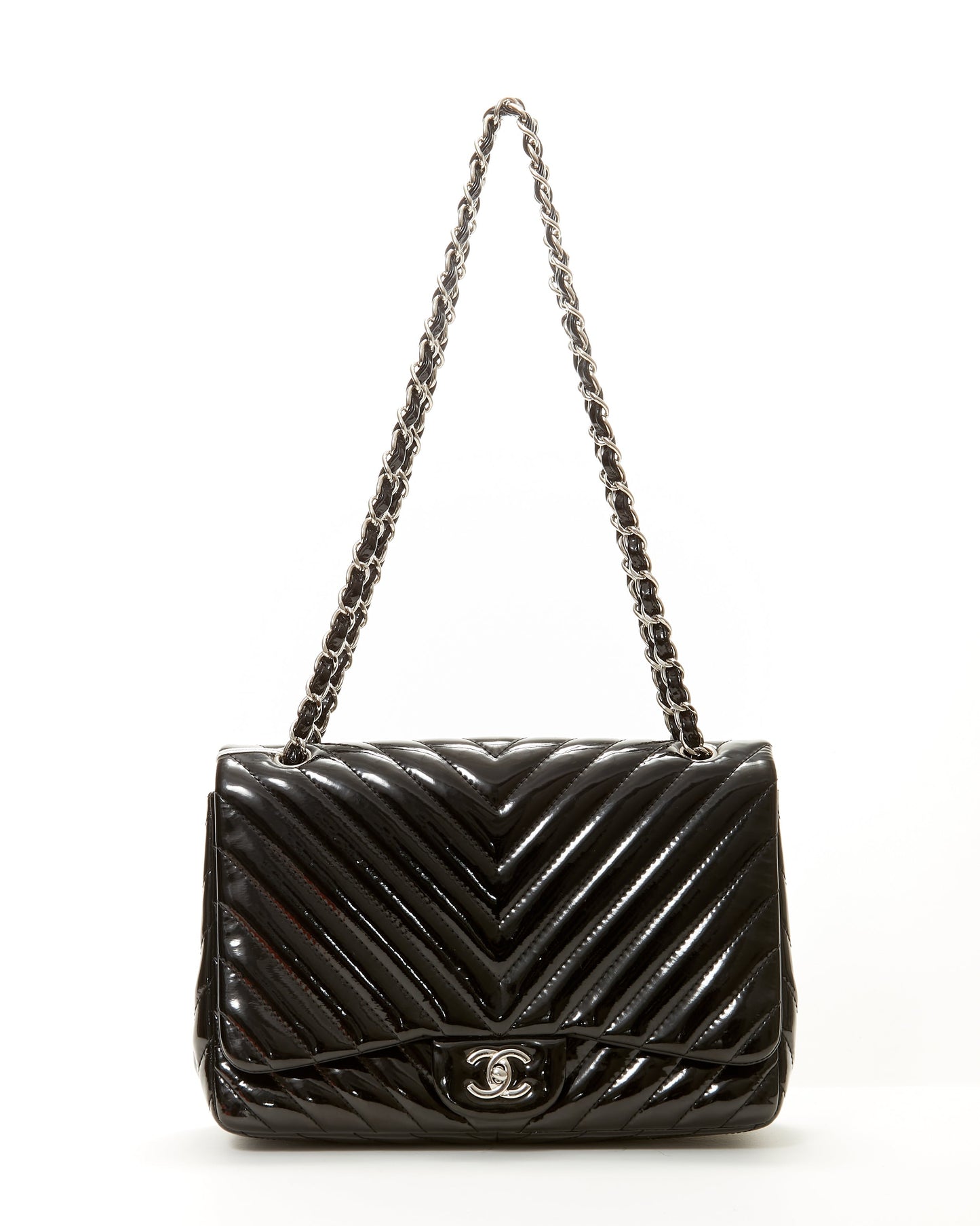 Chanel Black Patent Leather Chevron Jumbo Single Flap Bag