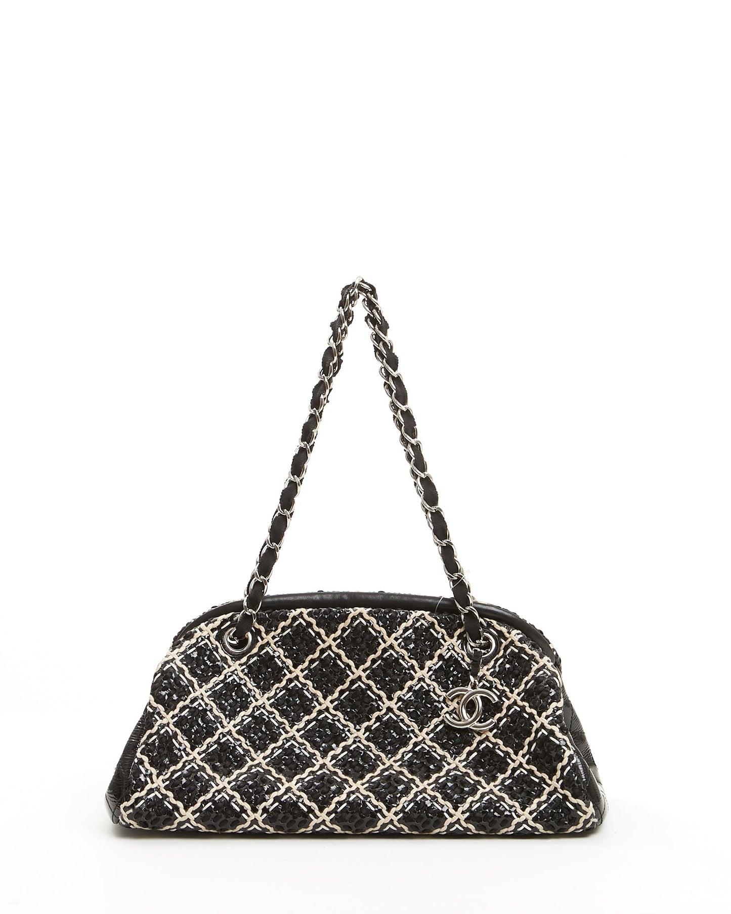 Chanel Black White Tweed Patent Leather Bowling Shoulder Bag