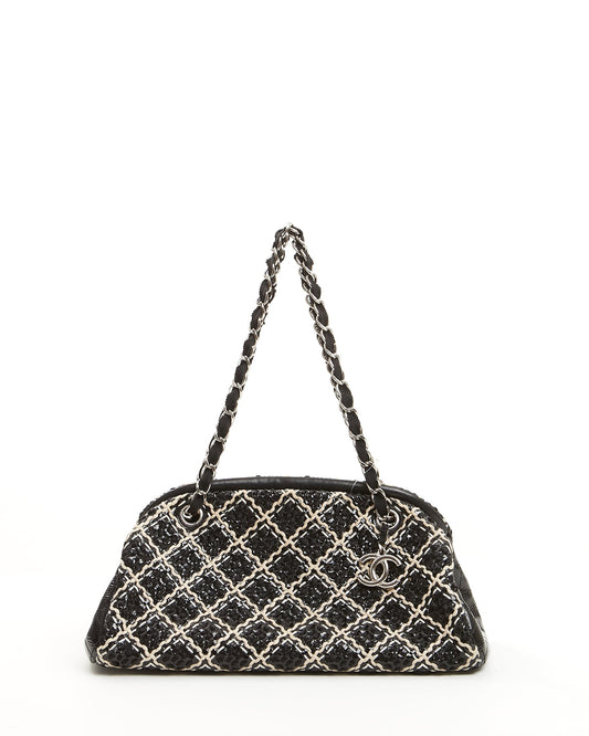 Chanel Black White Tweed Patent Leather Bowling Shoulder Bag