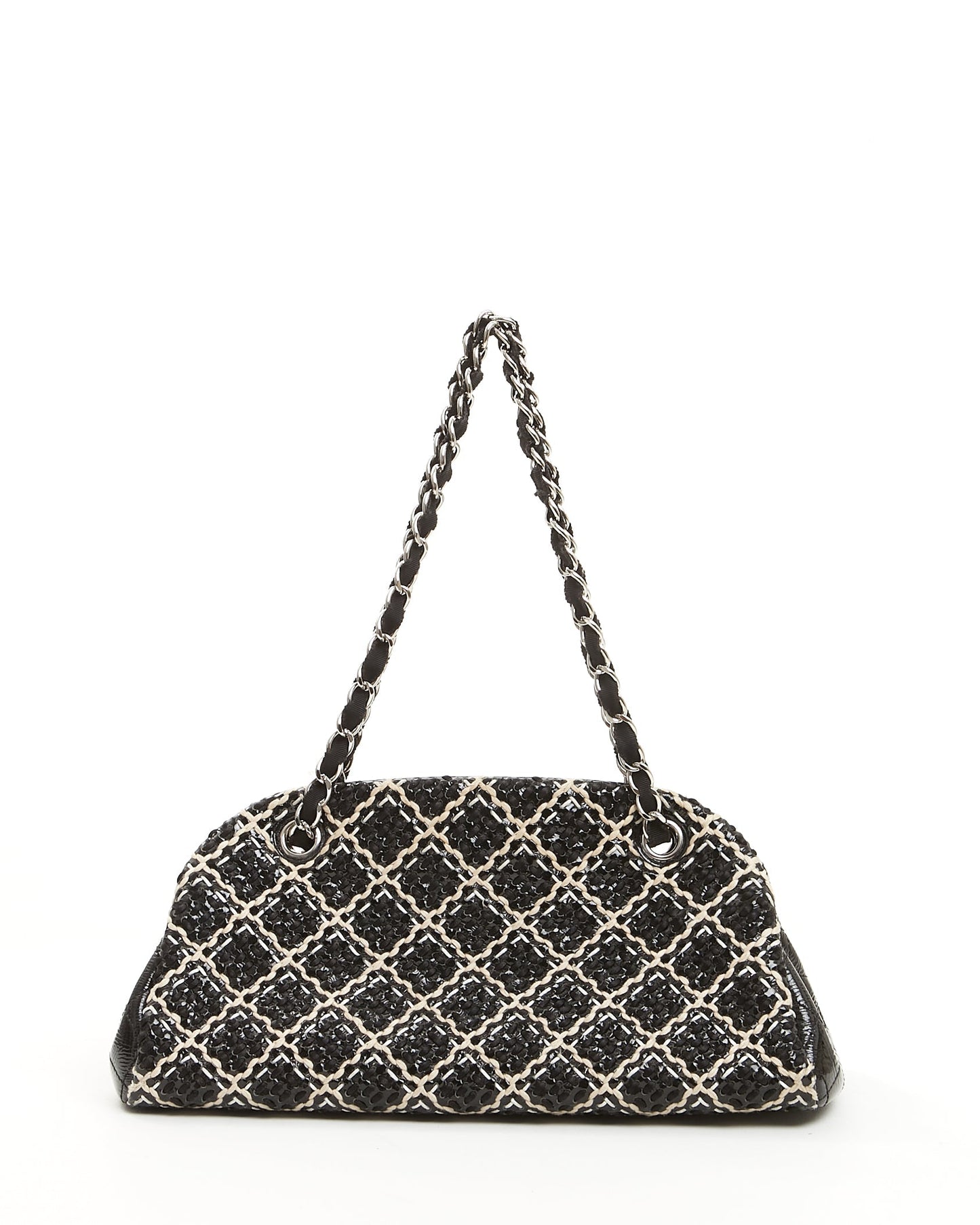 Chanel Black White Tweed Patent Leather Bowling Shoulder Bag