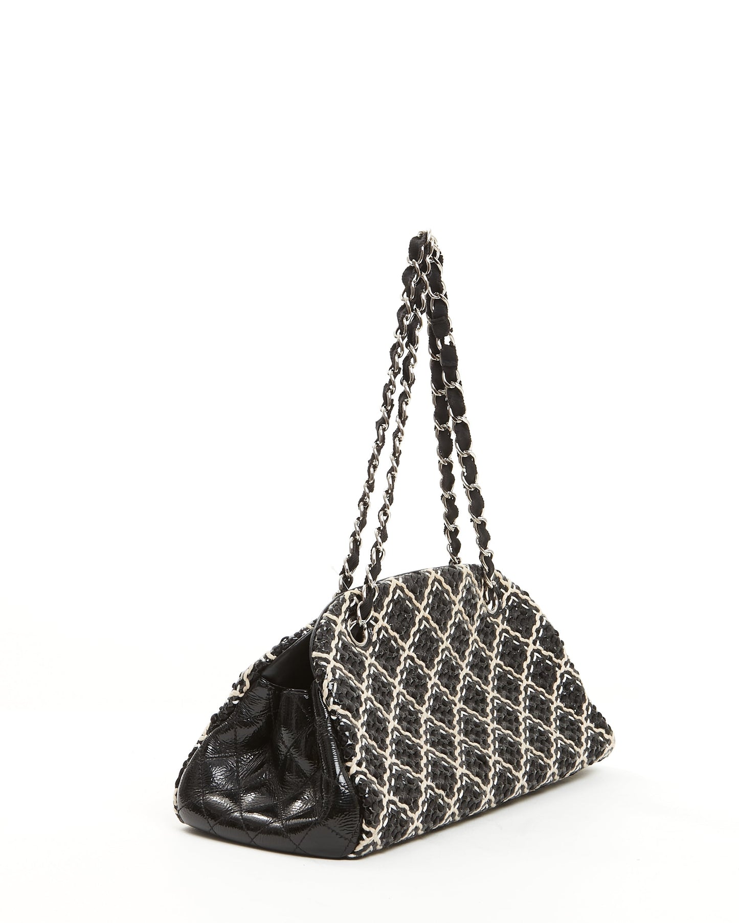 Chanel Black White Tweed Patent Leather Bowling Shoulder Bag