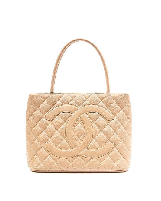Chanel Beige Caviar CC Logo Medallion Top Handle Bag