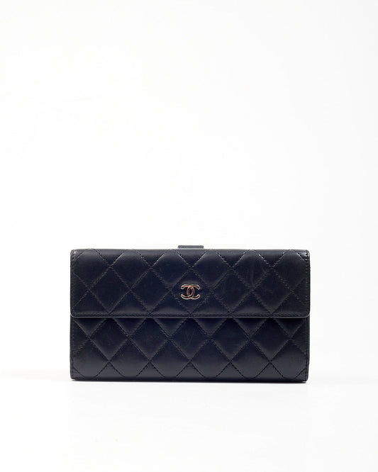 Chanel Black Lambskin Long French Flap Wallet