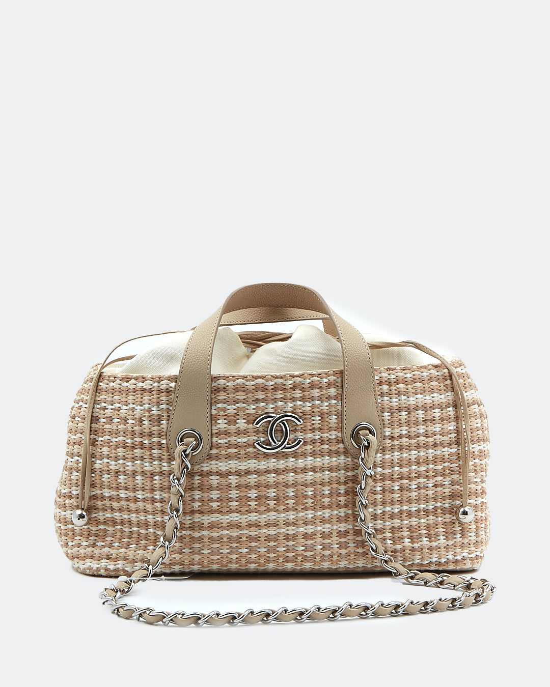 Chanel Beige Tweed Raffia Top Handle Chain Shoulder Drawstring Bag