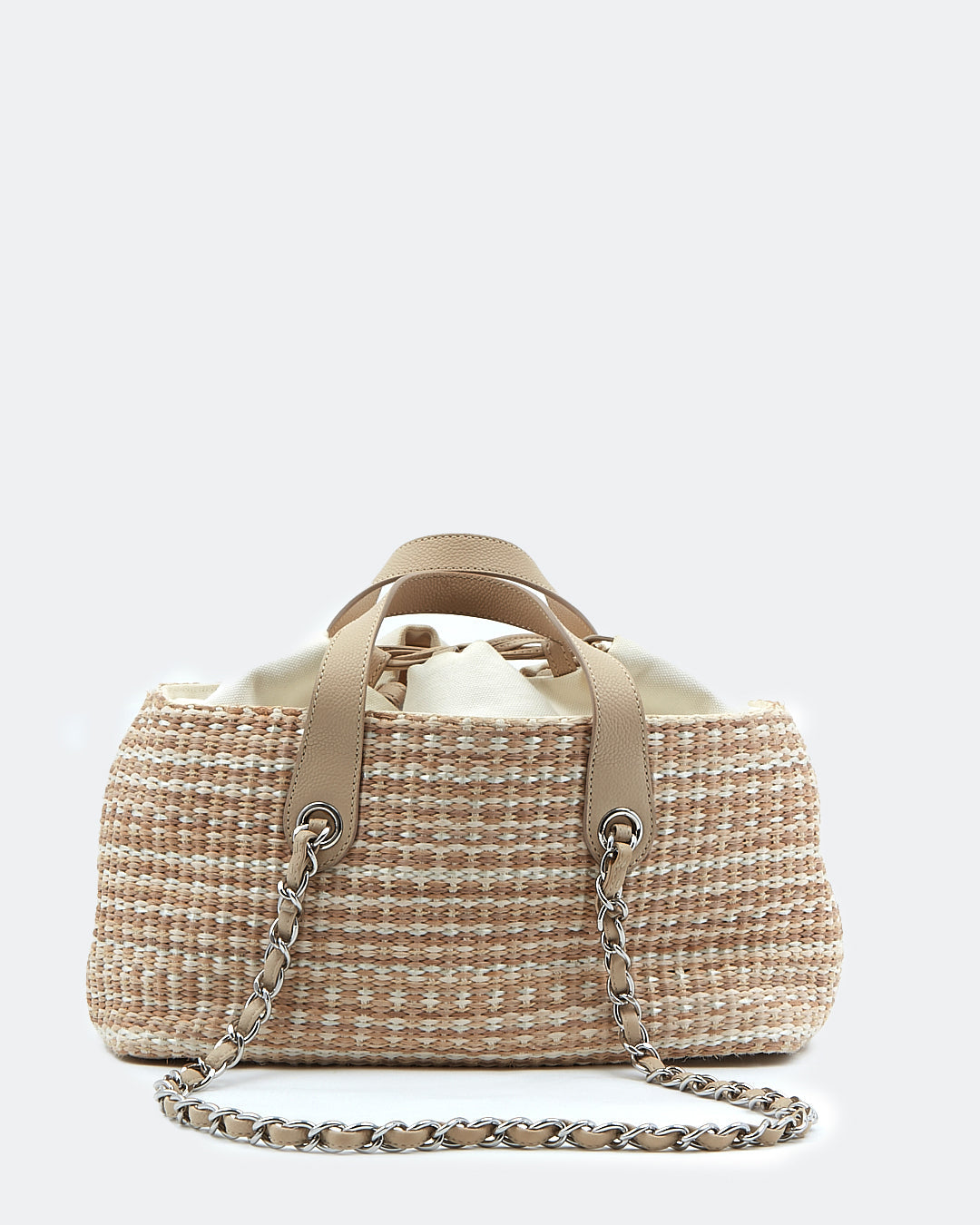 Chanel Beige Tweed Raffia Top Handle Chain Shoulder Drawstring Bag