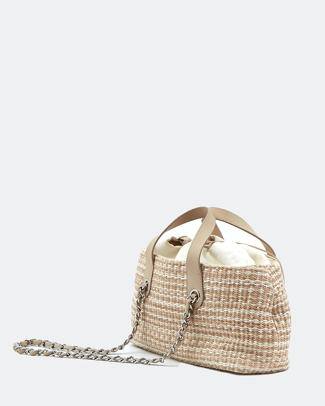 Chanel Beige Tweed Raffia Top Handle Chain Shoulder Drawstring Bag