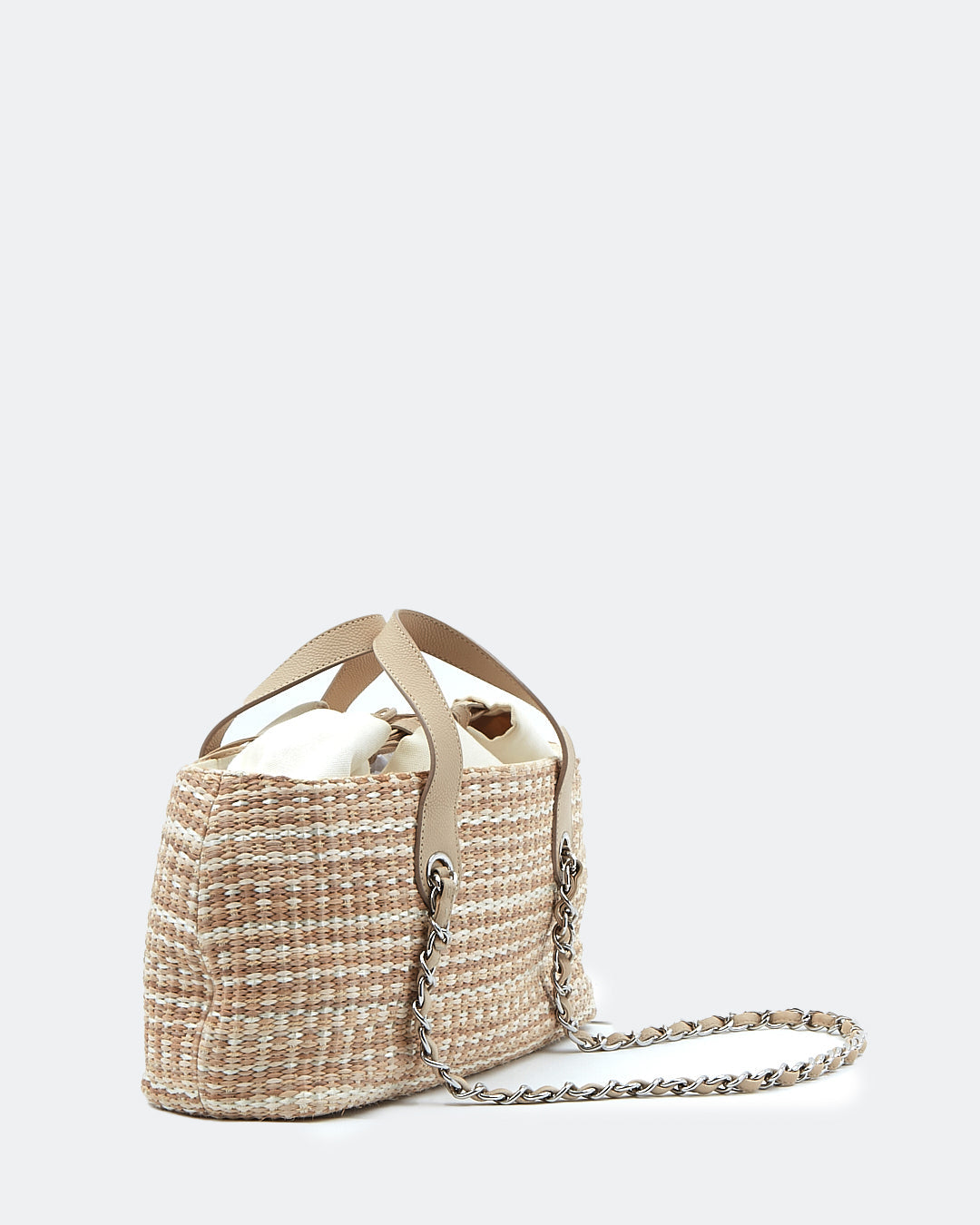 Chanel Beige Tweed Raffia Top Handle Chain Shoulder Drawstring Bag
