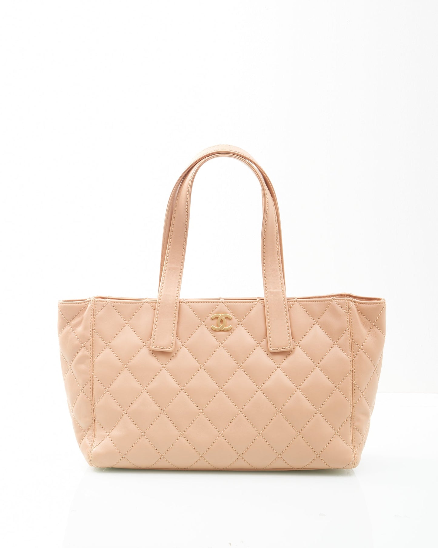 Chanel Beige Lambskin Leather CC Wild Stitch Tote Bag Pochette