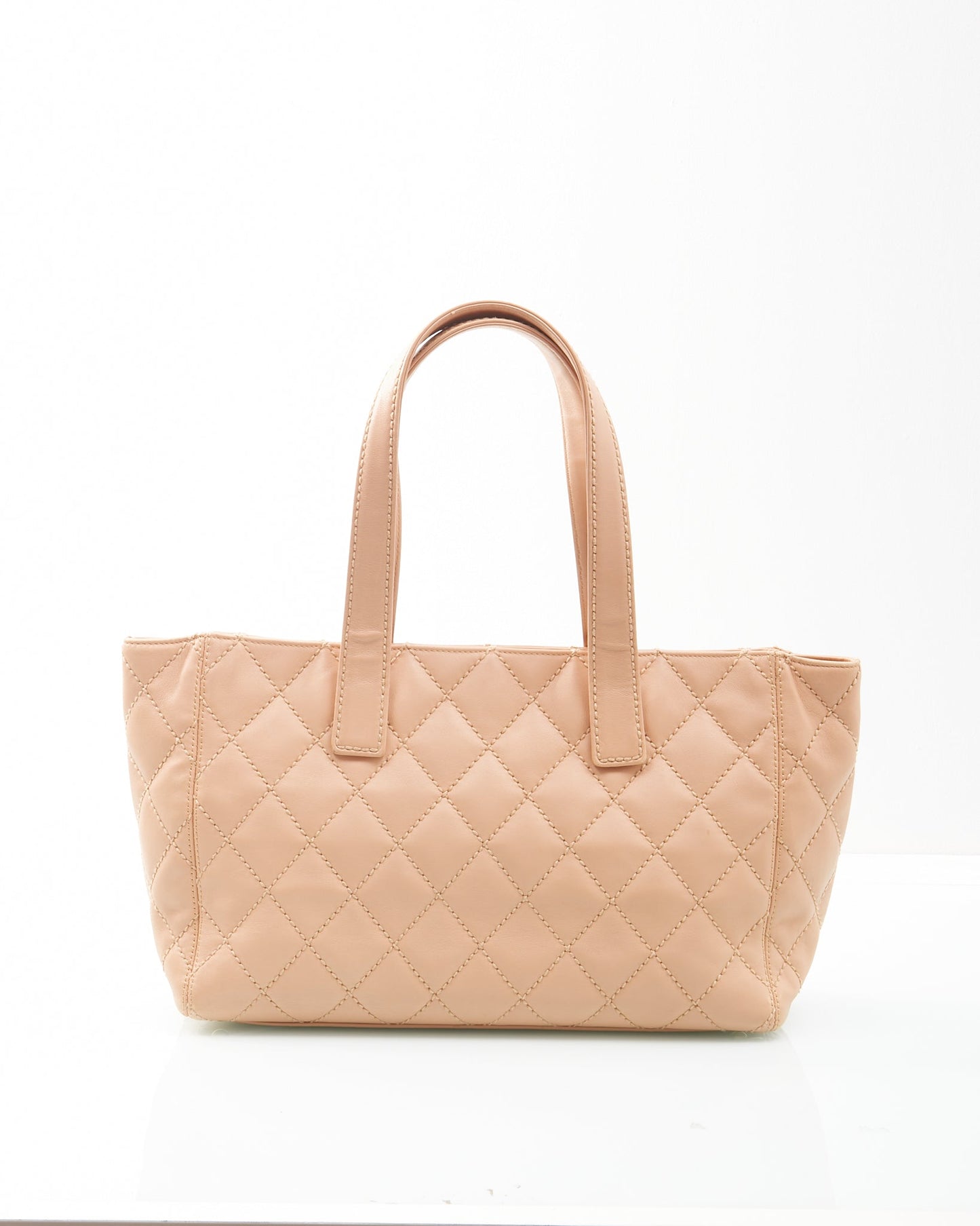 Chanel Beige Lambskin Leather CC Wild Stitch Tote Bag Pochette