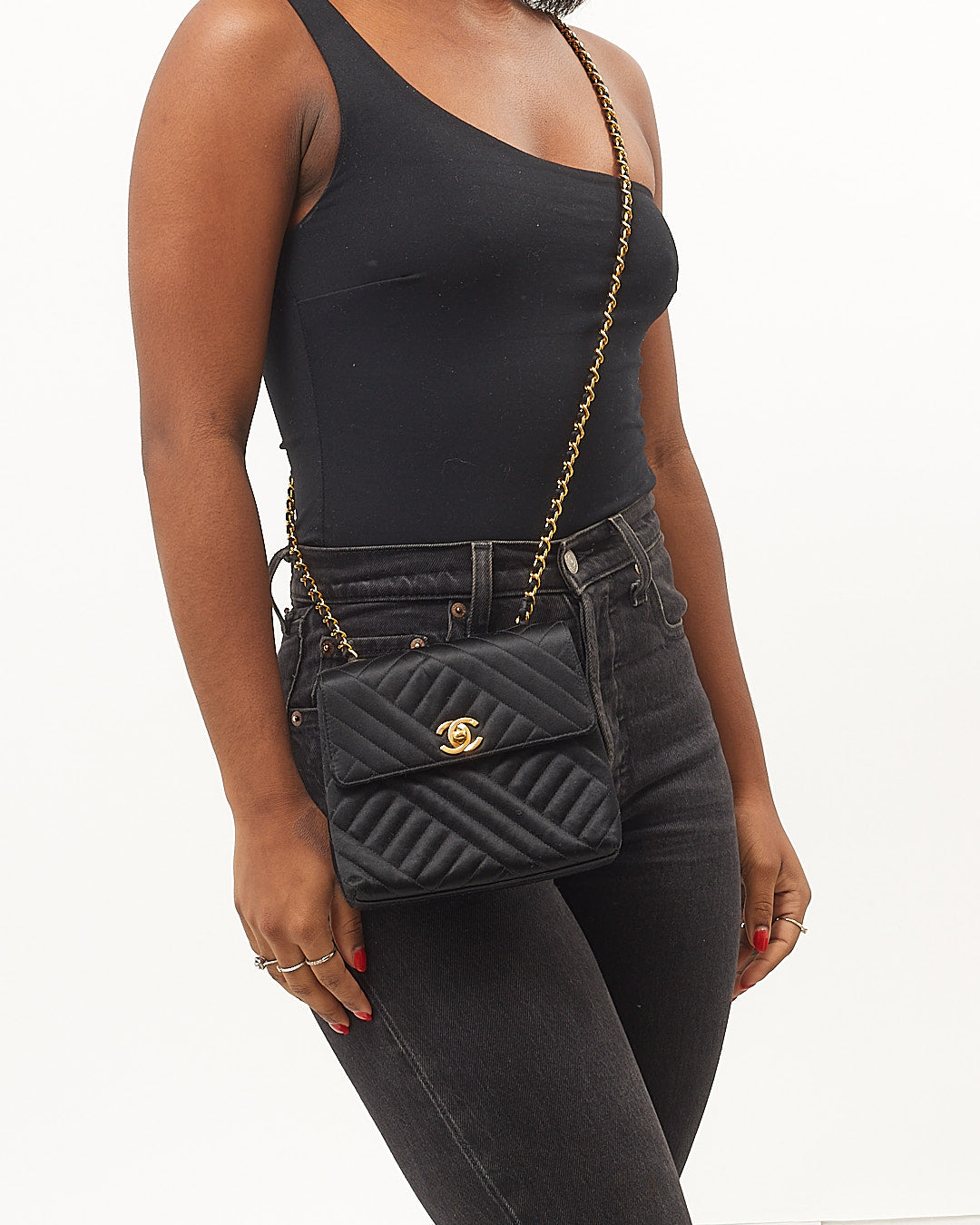 Chanel Black Satin 24K Gold Plated Square Flap Bag