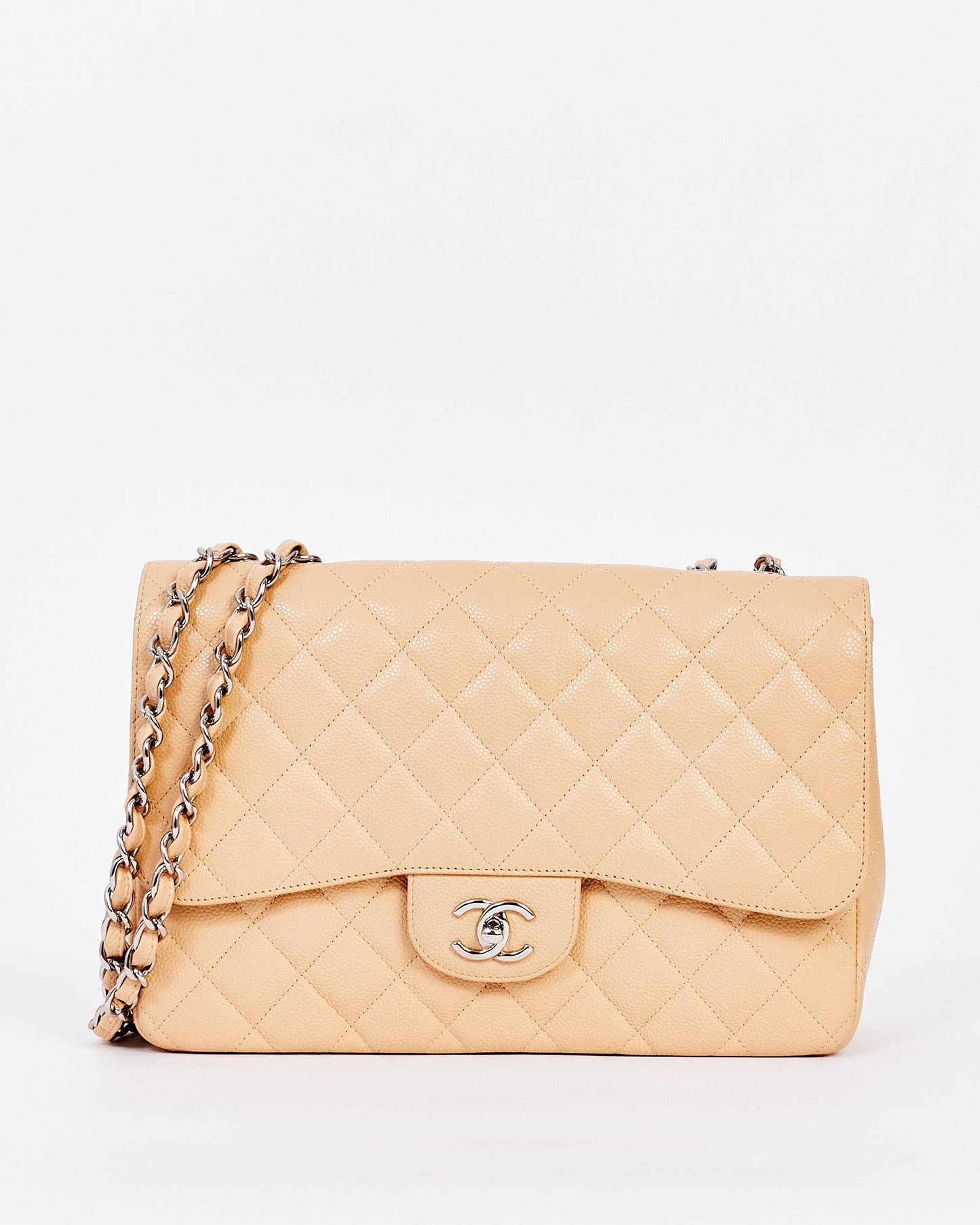Chanel Beige Quilted Caviar Leather Jumbo Single Flap Bag with Silver Hardware