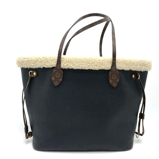 LOUIS VUITTON Tote Bag Calf leather black Shearling Monogram Flower LV Initials Neverfull MM