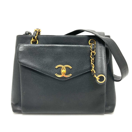 CHANEL Shoulder Bag Caviar skin black CC COCO Mark Matrasse Women