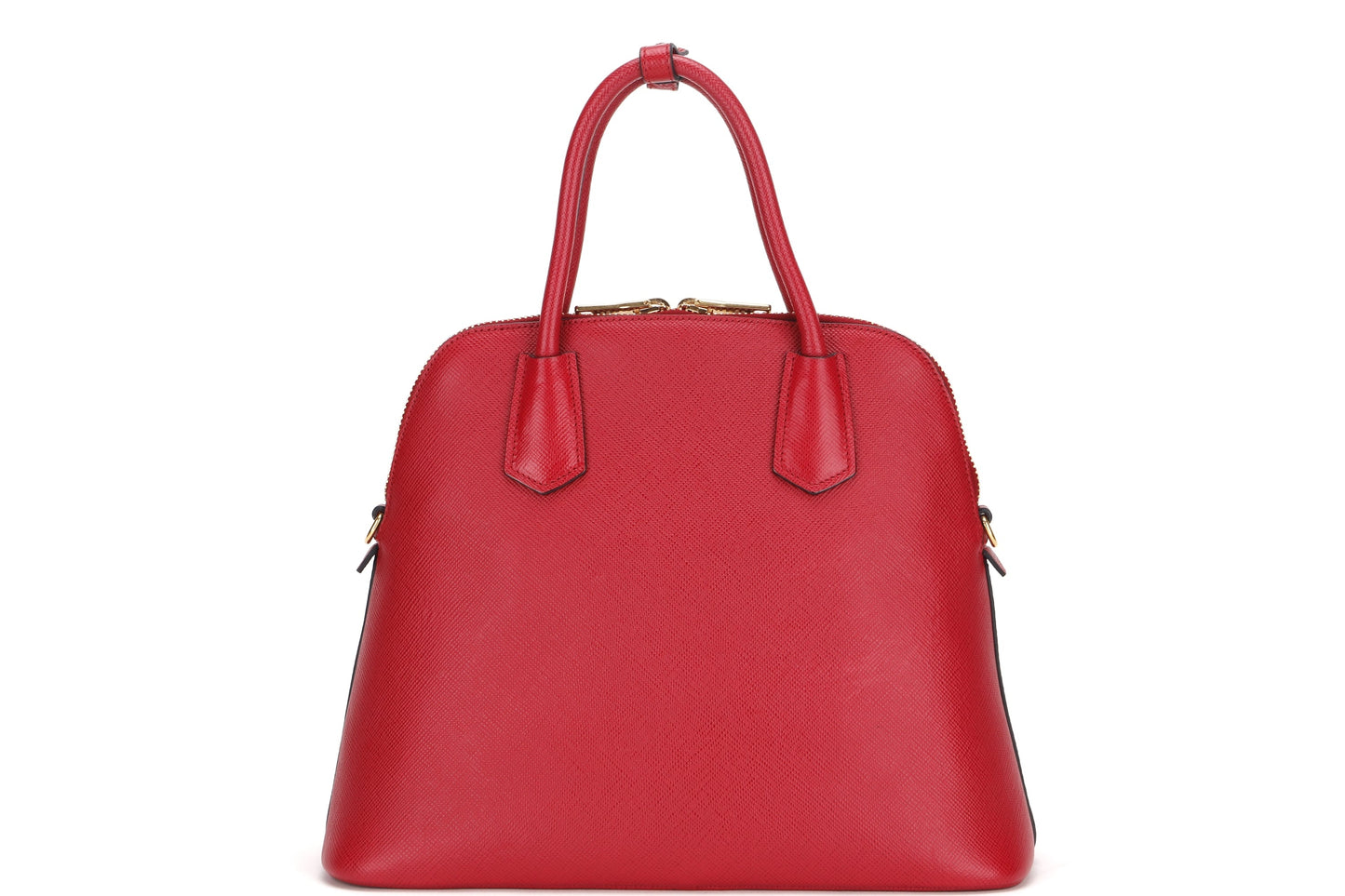 PRADA CONVERTIBLE DOME SATCHEL LARGE RED SAFFIANO LEATHER GOLD HARDWARE, WITH CARD, STRAP & DUST COVER