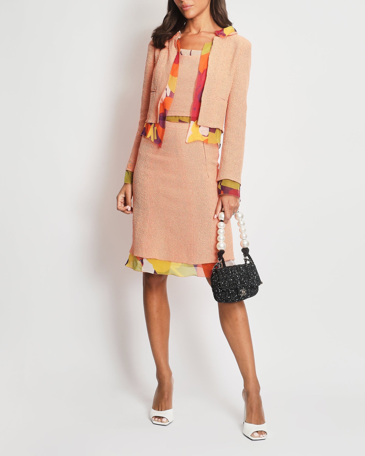Chanel Peach Three Piece Set with Multicoloured Silk Trim and Shoulder Pad Detailing FR 38 (UK 10) Shoulder Bag