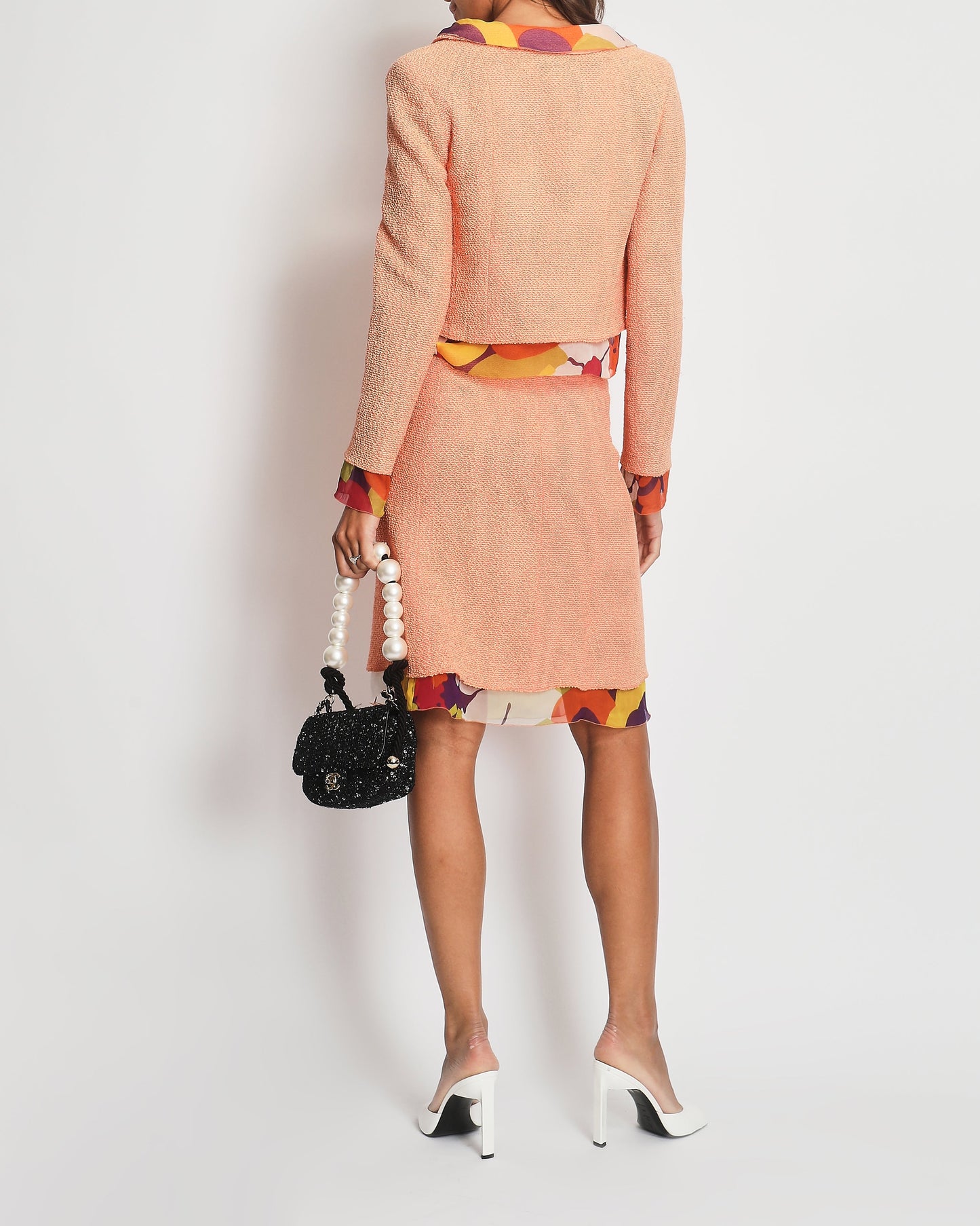 Chanel Peach Three Piece Set with Multicoloured Silk Trim and Shoulder Pad Detailing FR 38 (UK 10) Shoulder Bag